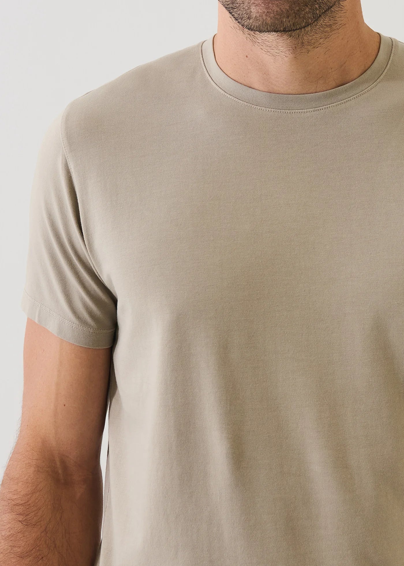 Patrick Assaraf short sleeve crew neck t-shirt in beige pima cotton on male model
