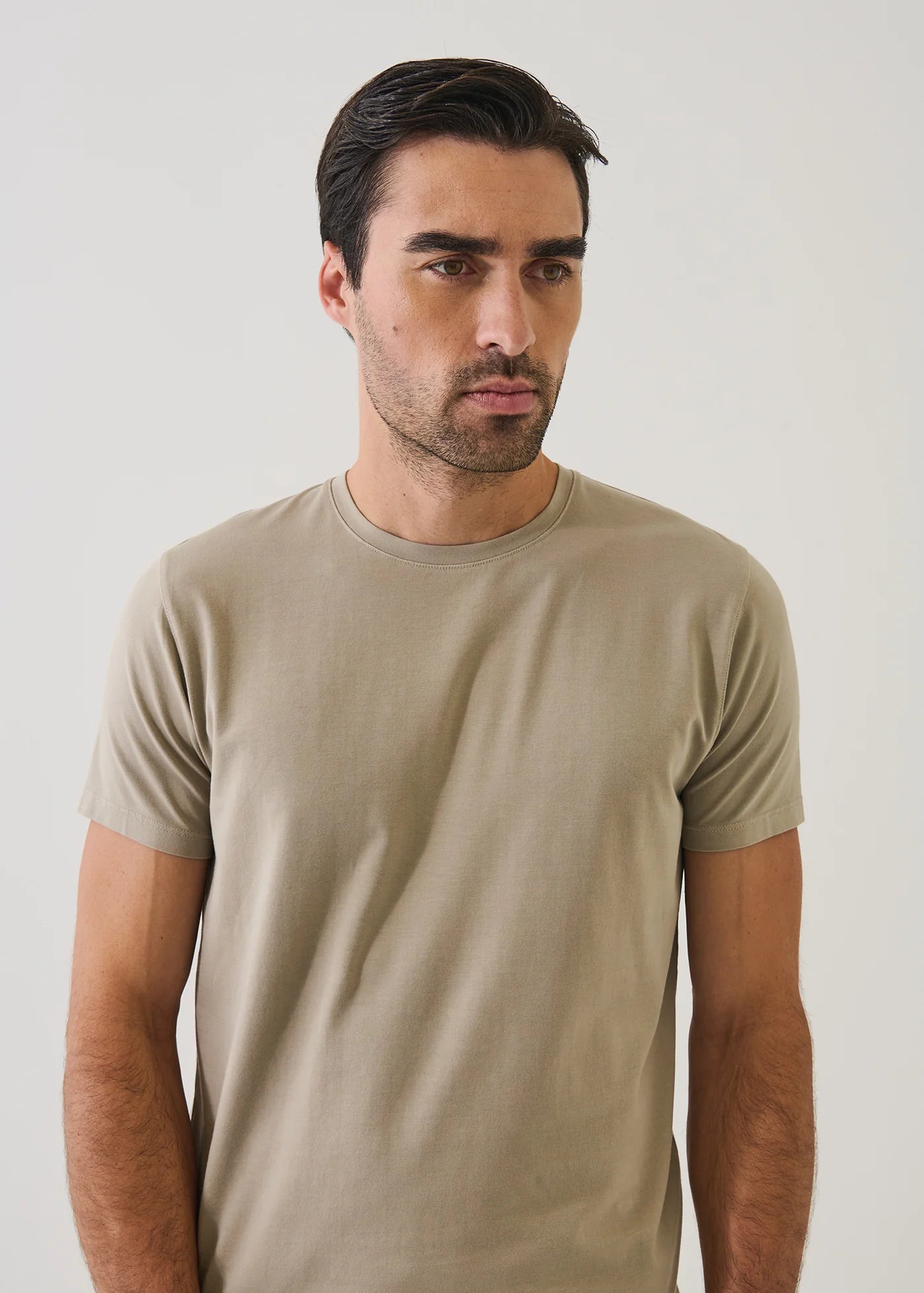 Patrick Assaraf men's short sleeve crew neck t-shirt in dune beige color on model