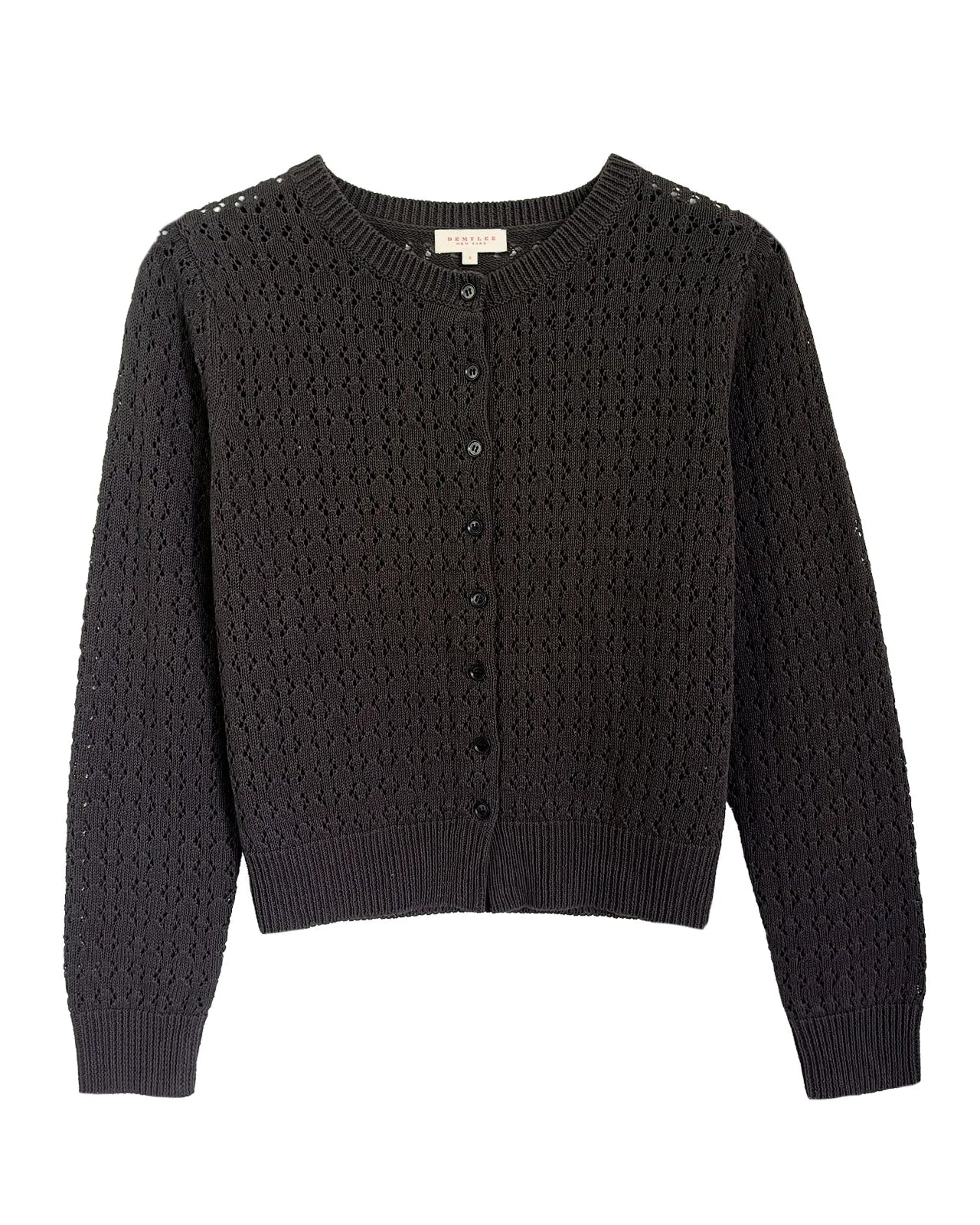 Black pointelle crochet cotton linen cardigan with button front and ribbed trim