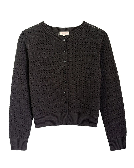 Black pointelle crochet cotton linen cardigan with button front and ribbed trim