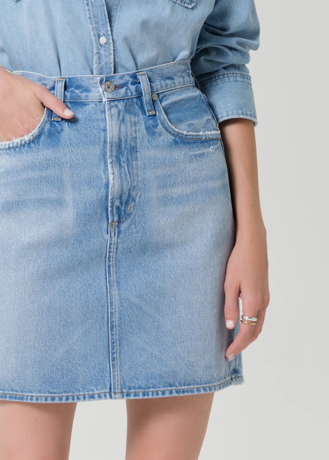 Citizens of Humanity Etta Pencil Skirt in light wash denim with classic five-pocket styling and fitted silhouette.