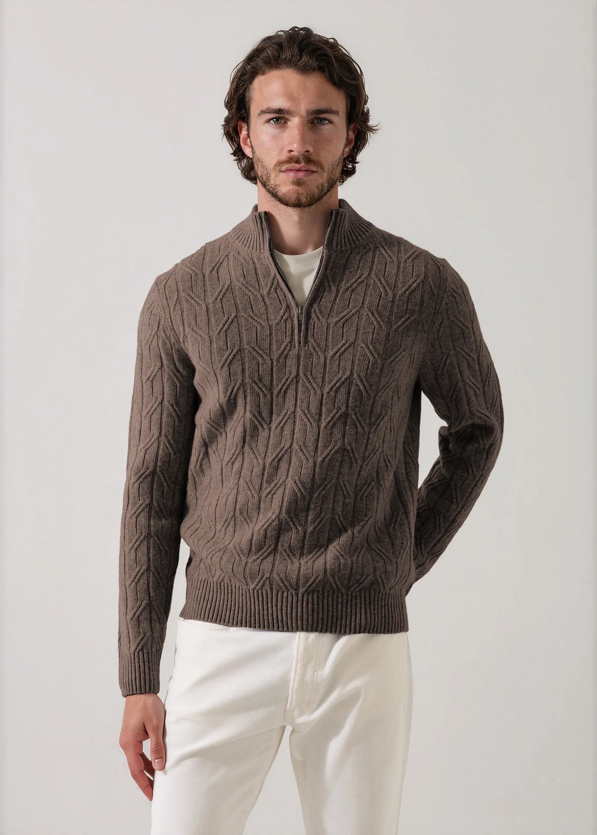 Patrick Assaraf Fancy Cable 1/4 Zip Mock Sweater Brownie