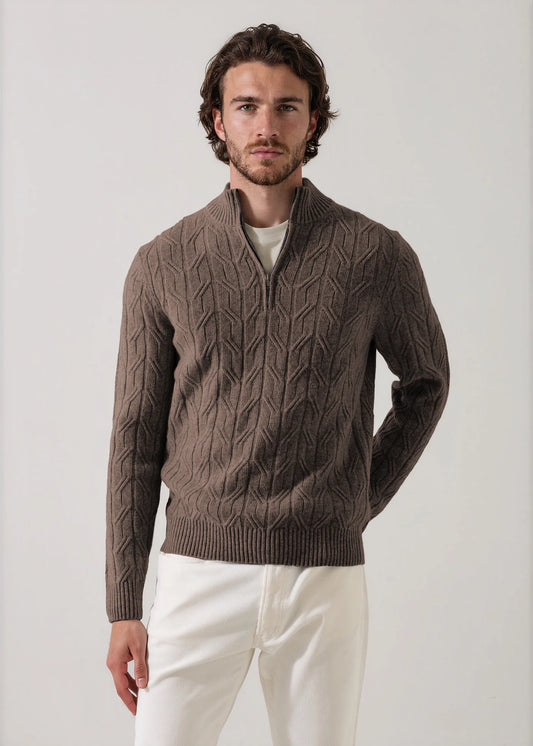 Patrick Assaraf Fancy Cable 1/4 Zip Mock Sweater Brownie