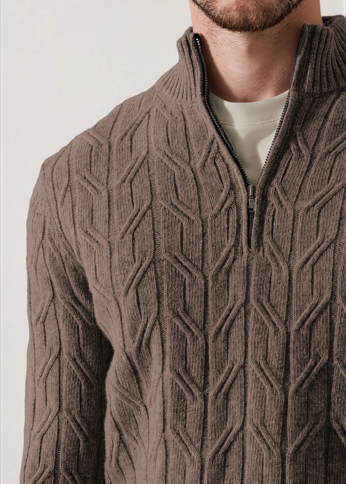 Patrick Assaraf Fancy Cable 1/4 Zip Mock Sweater Brownie
