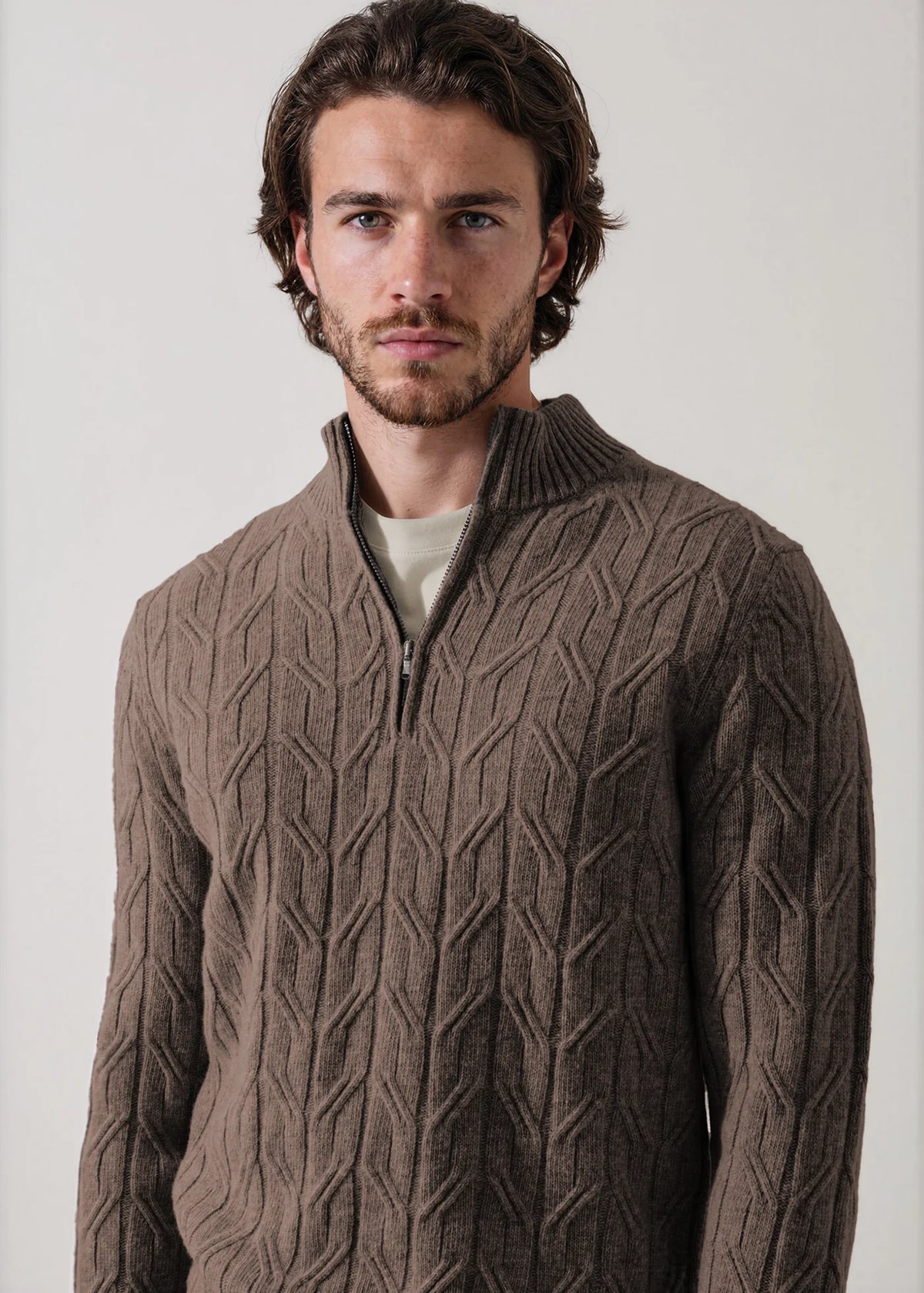Patrick Assaraf Fancy Cable 1/4 Zip Mock Sweater Brownie