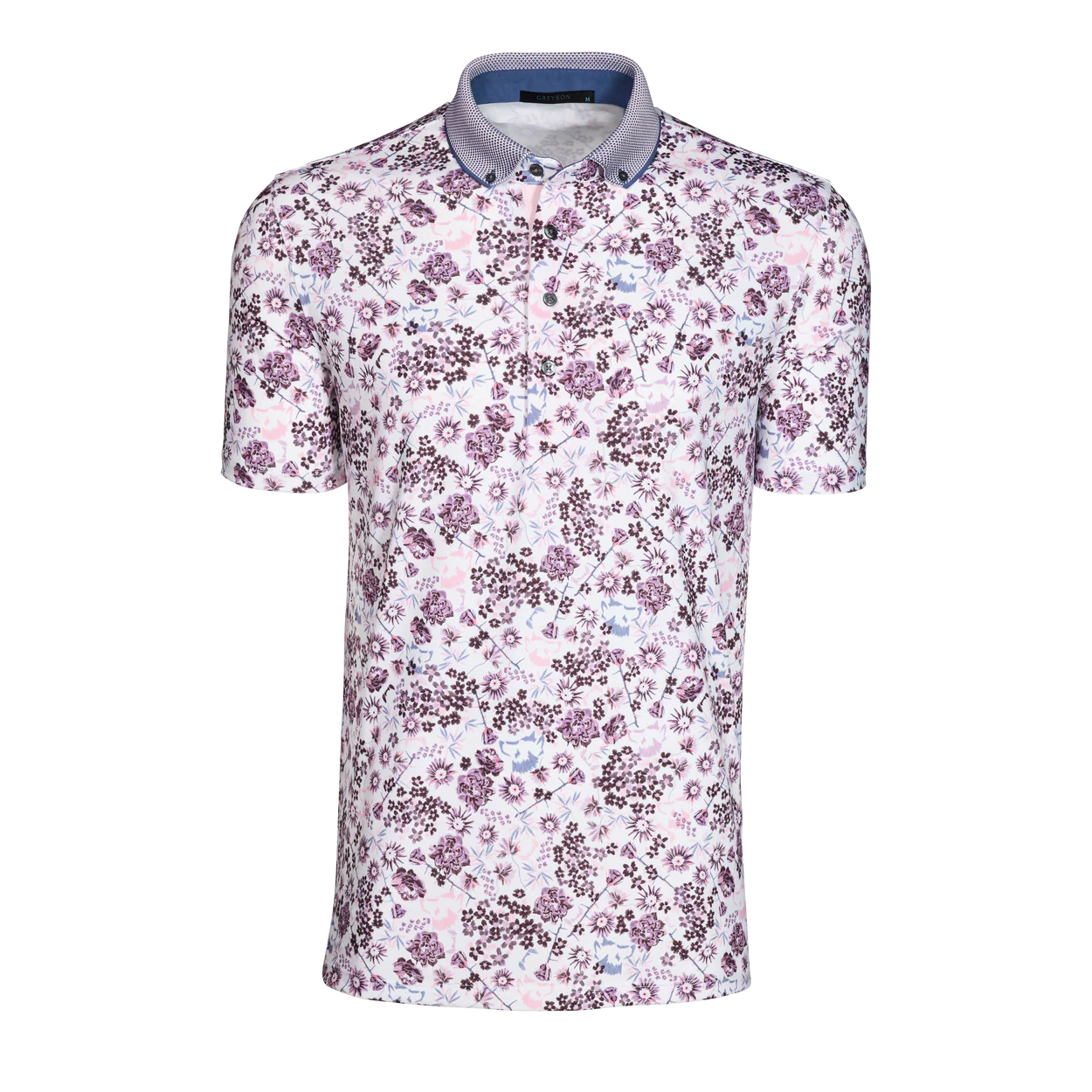 Greyson Silver Fang Polo in Arctic featuring floral print pattern with contrasting collar and short sleeves.