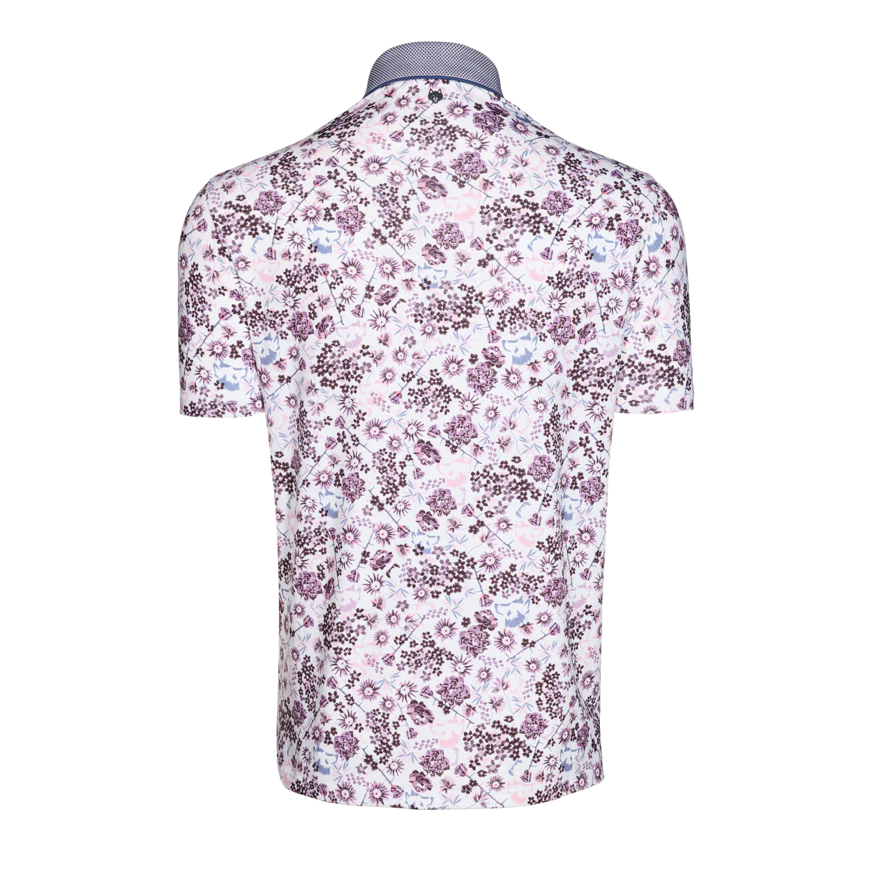 Greyson Silver Fang Polo in Arctic colorway featuring floral pattern on back, short sleeves, and contrasting collar trim.