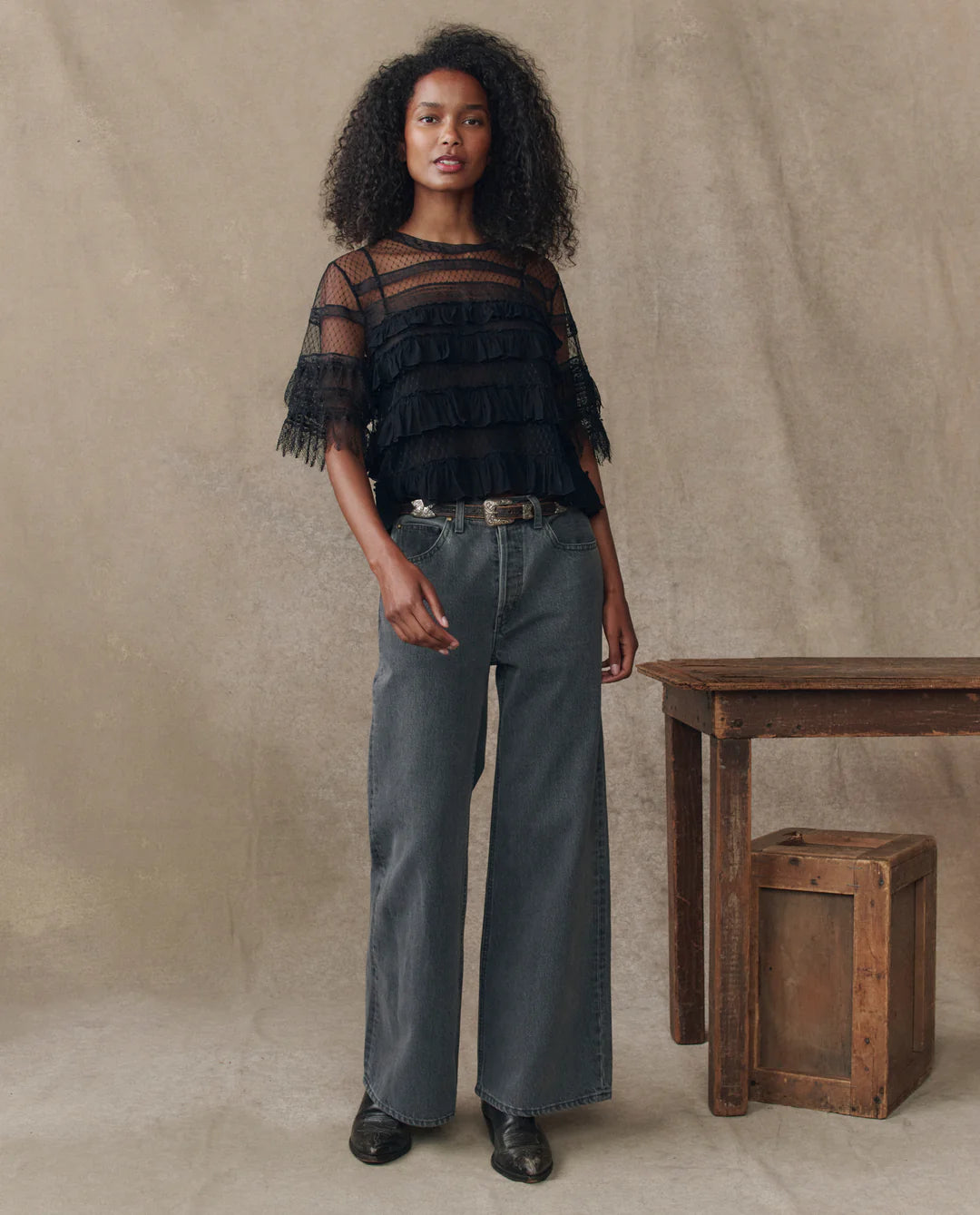 The GREAT The Winter Mesh Flounce Top Black