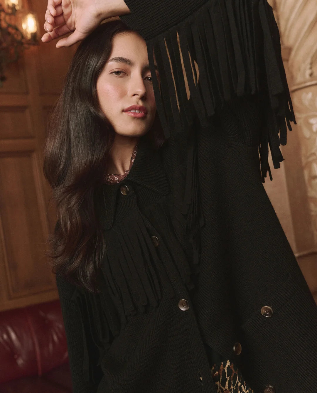 The GREAT The Western Fringe Sweater Jacket Black