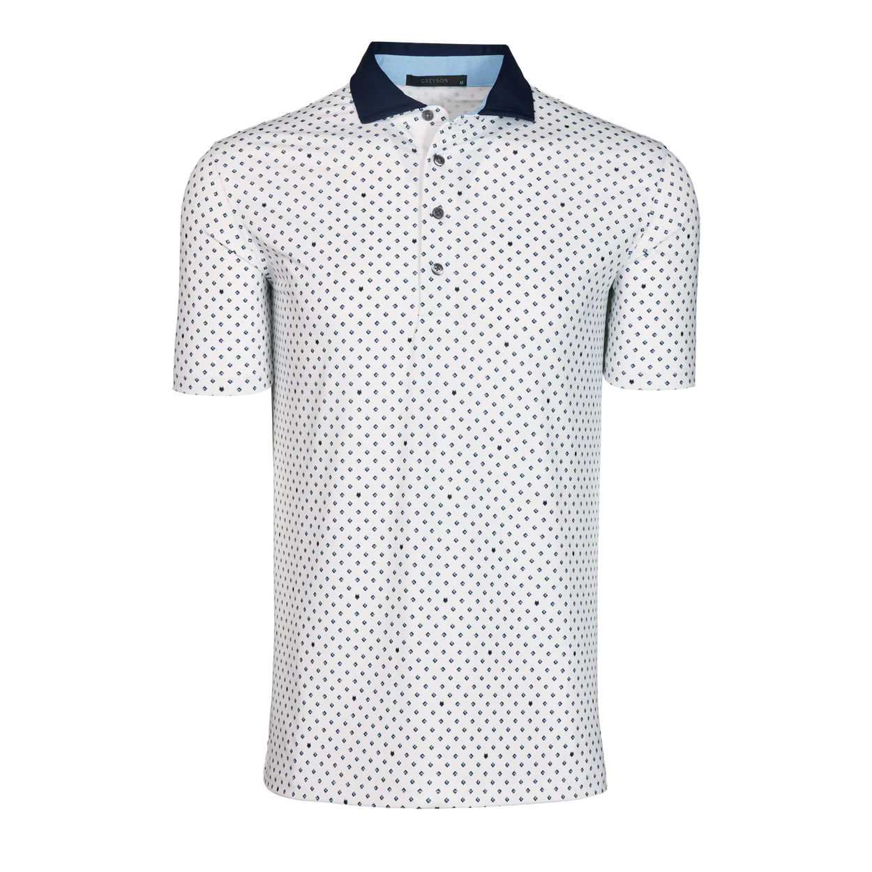 Greyson G Squared Polo in Arctic featuring white fabric with small diamond pattern and navy collar.
