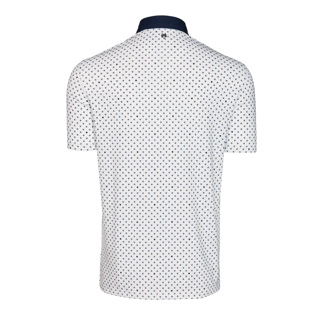 Greyson G Squared Polo in Arctic colorway featuring white fabric with small geometric pattern and navy collar, shown from ...