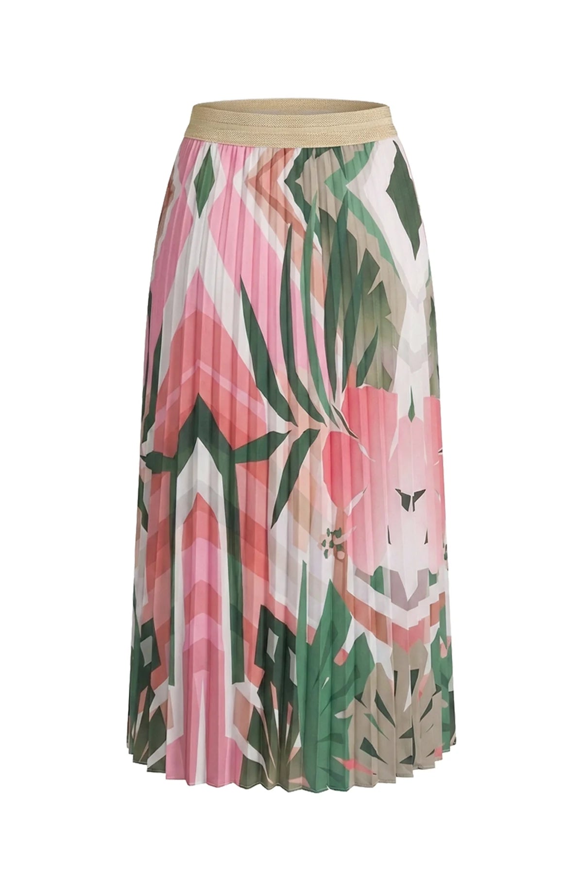 Le Superbe pleated midi skirt with tropical floral print and elastic waistband in pink and green tones.
