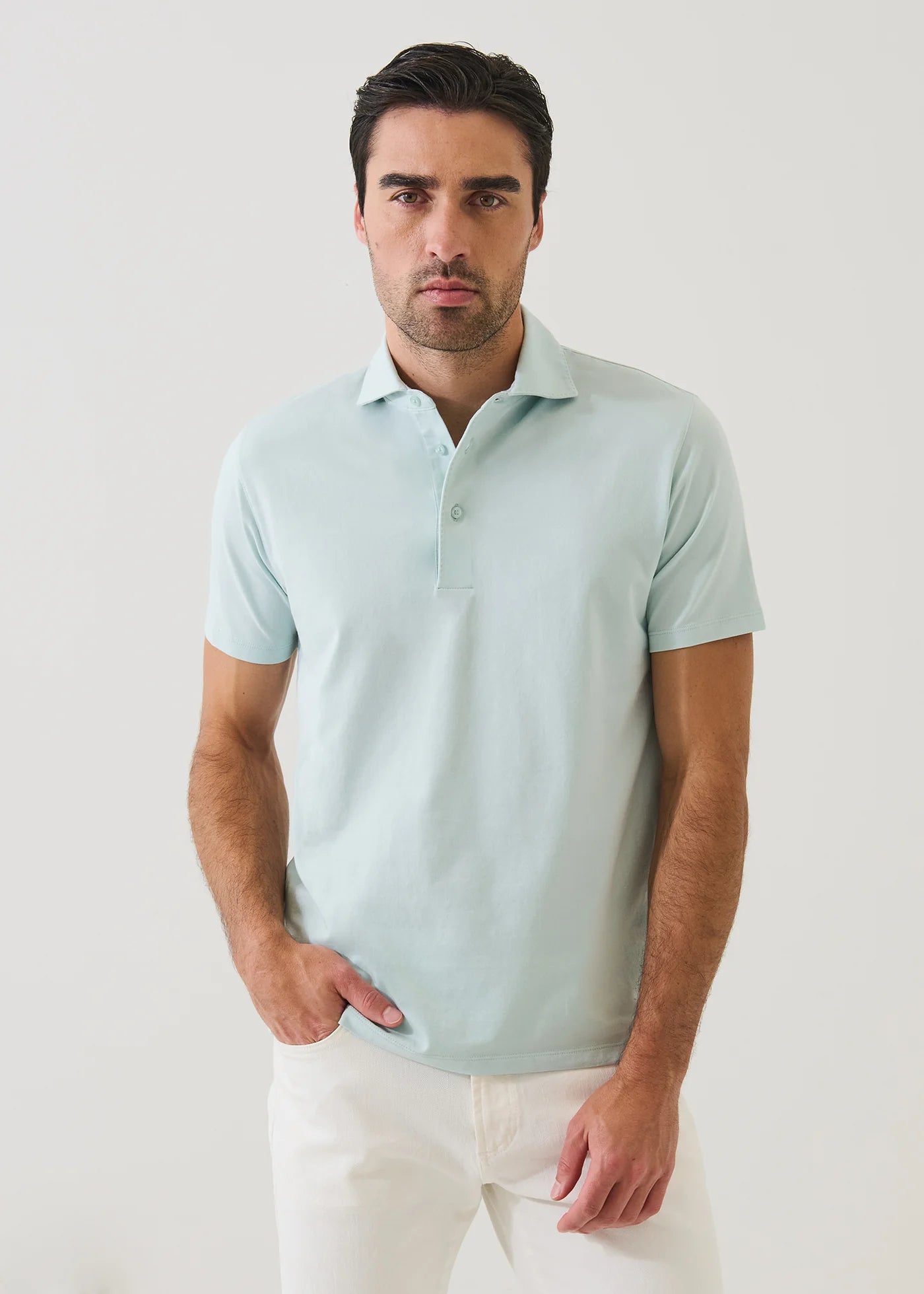 Patrick Assaraf men's light green short sleeve pima cotton polo shirt with classic collar and button placket.