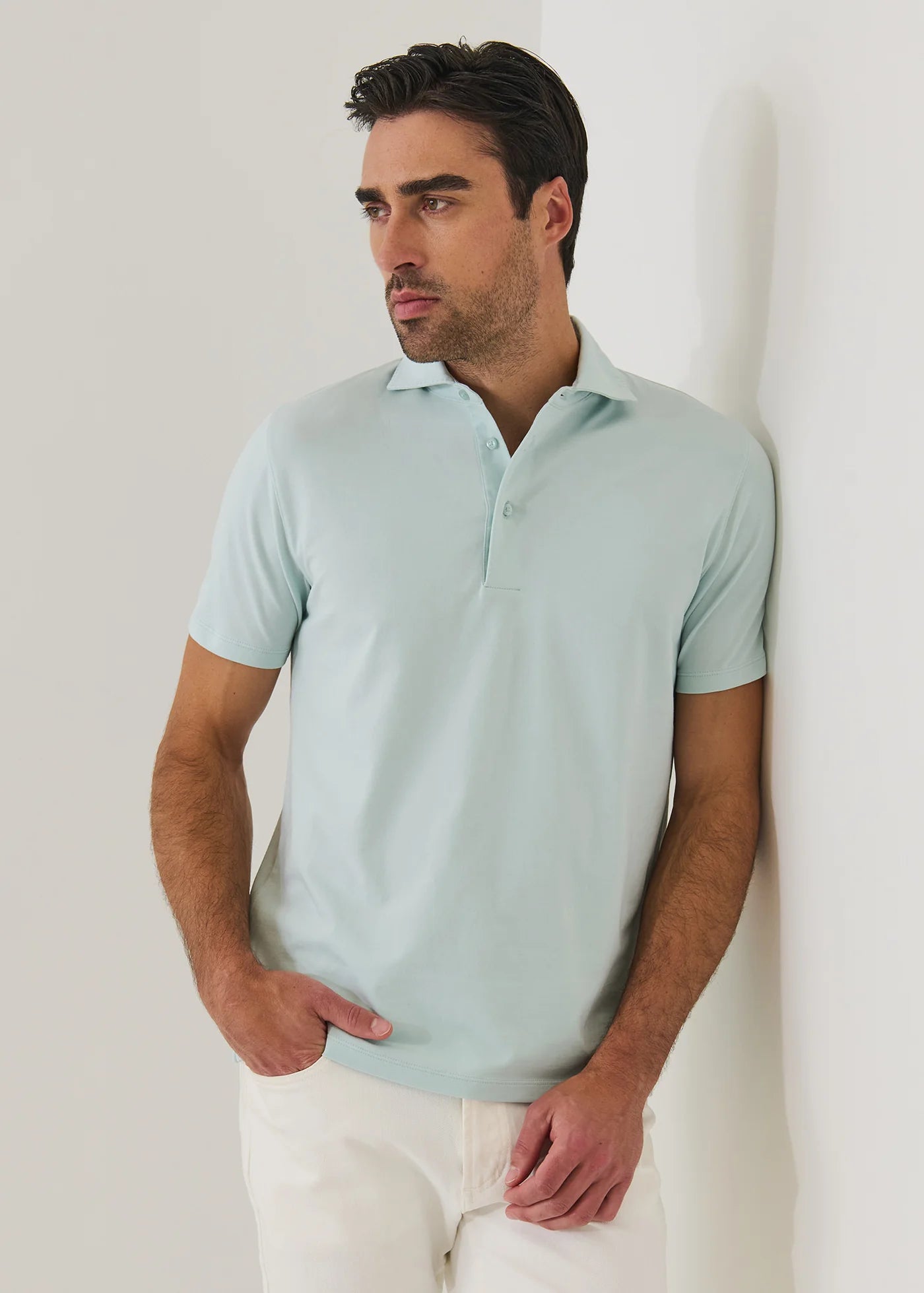 Patrick Assaraf men's light green short sleeve pima cotton polo shirt with classic collar and button placket.