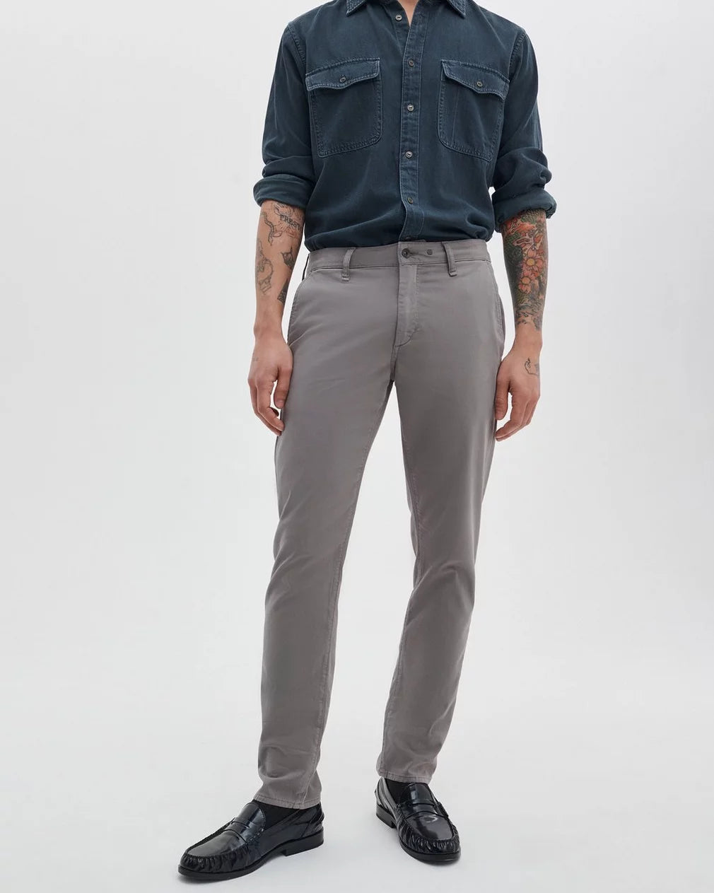 Rag & Bone Fit 3 Stretch Twill Chinos in grey, shown on model with dark denim shirt and black loafers.