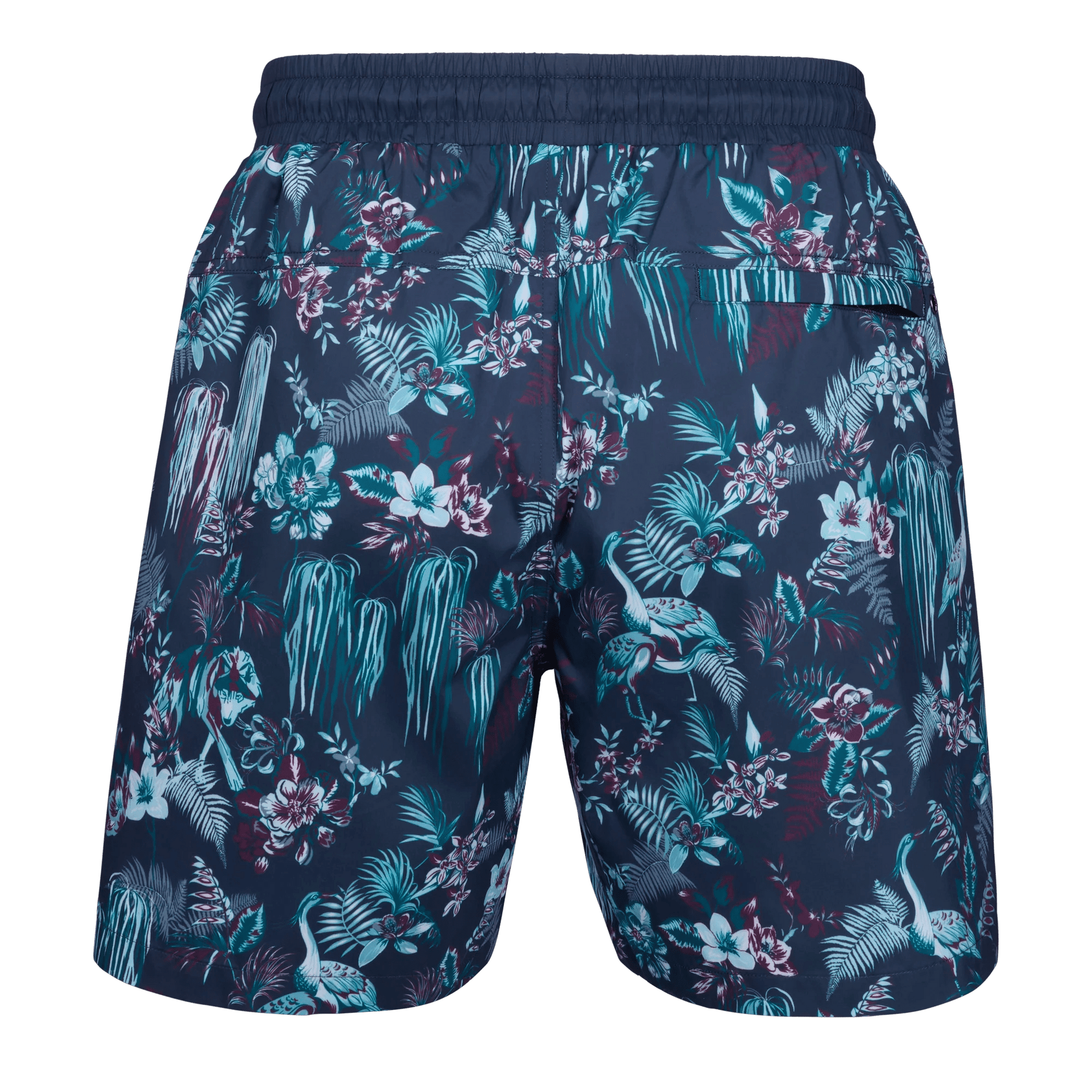 Navy swim shorts with tropical floral and crane print pattern, elastic waistband