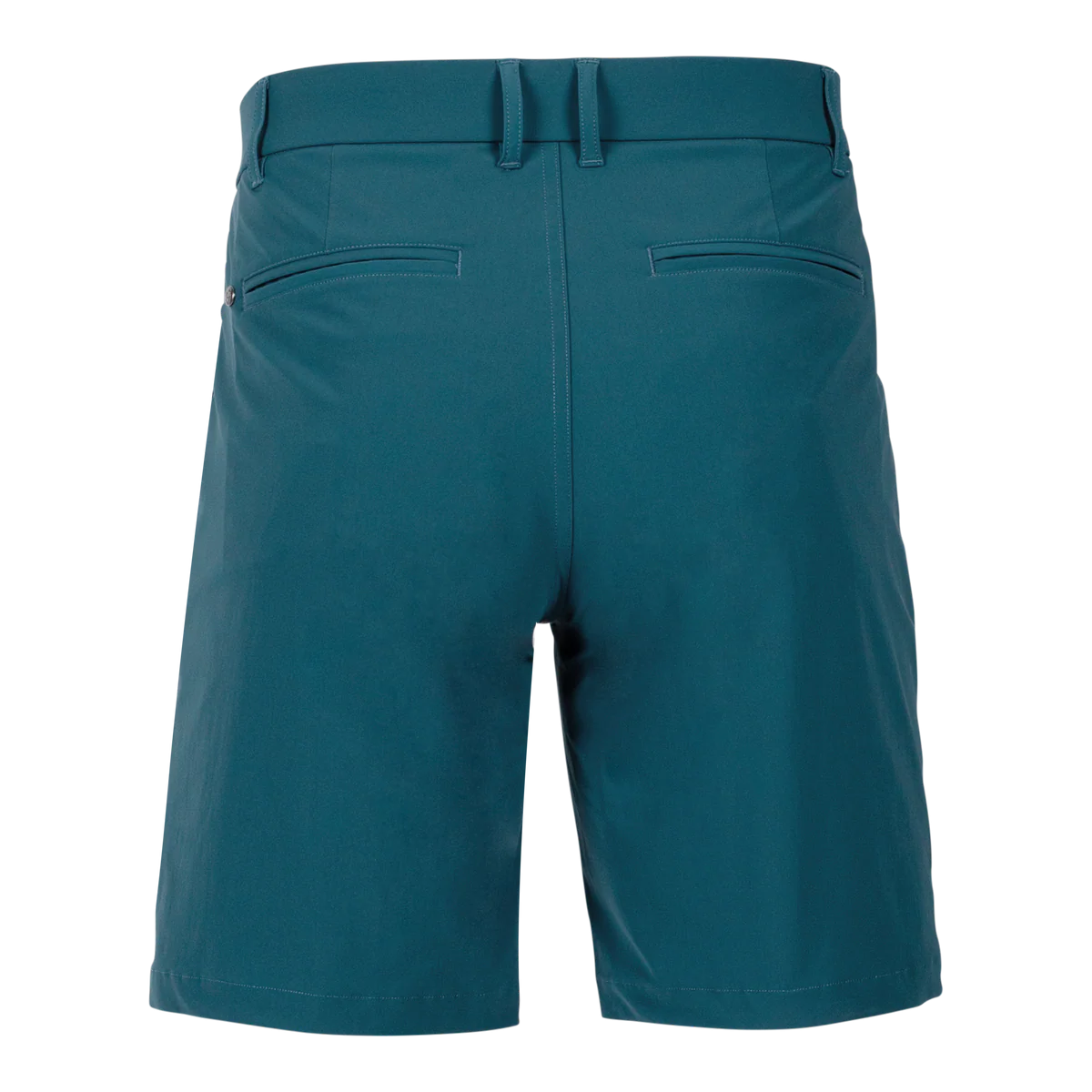 Greyson Montauk golf shorts in teal, back view showing belt loops and welt pockets