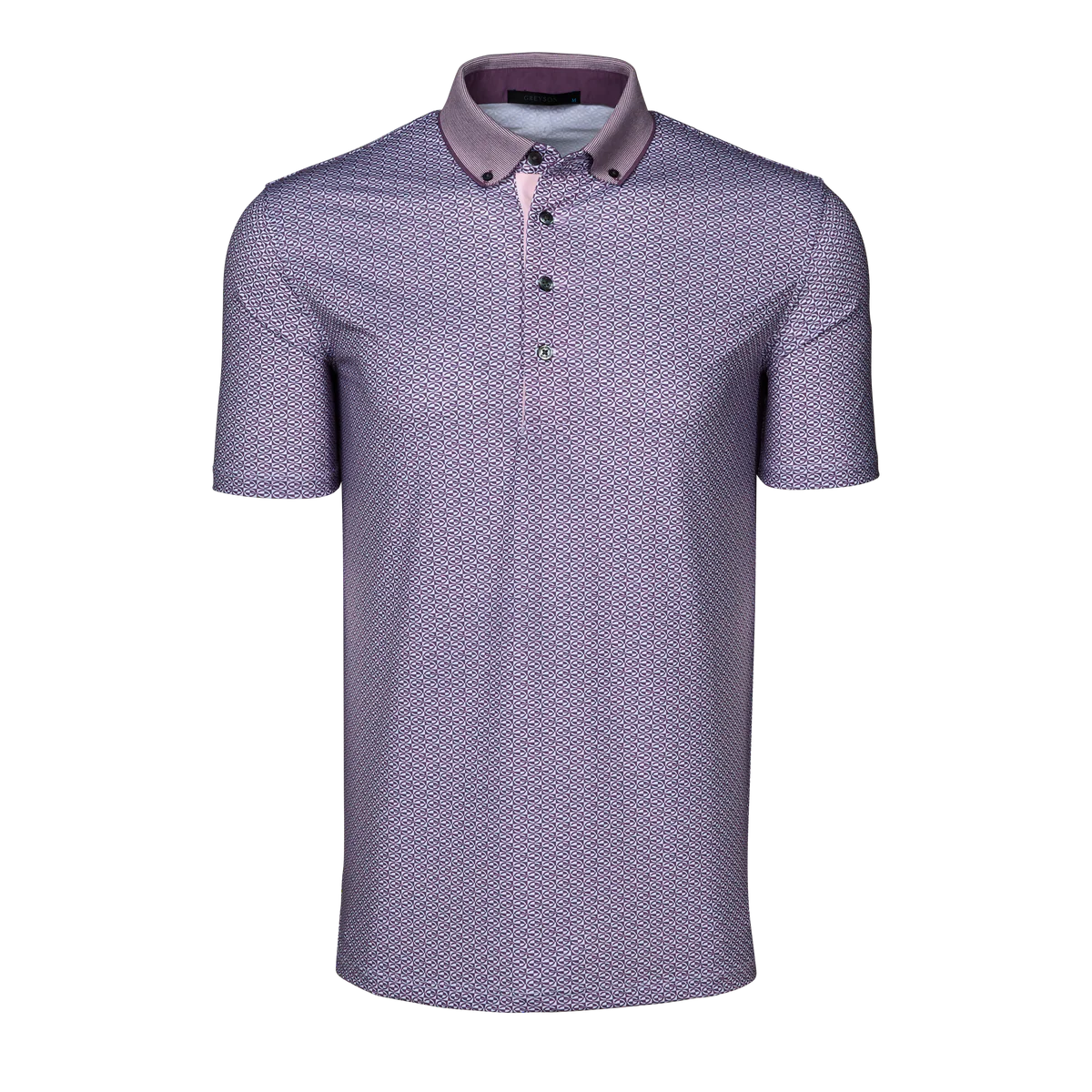 Greyson Guardian short-sleeve polo shirt with textured geometric pattern and button collar placket