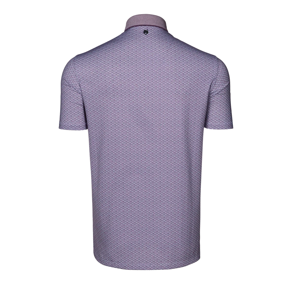 Greyson Guardian Polo in purple geometric pattern, back view showing short sleeves and collar detail.