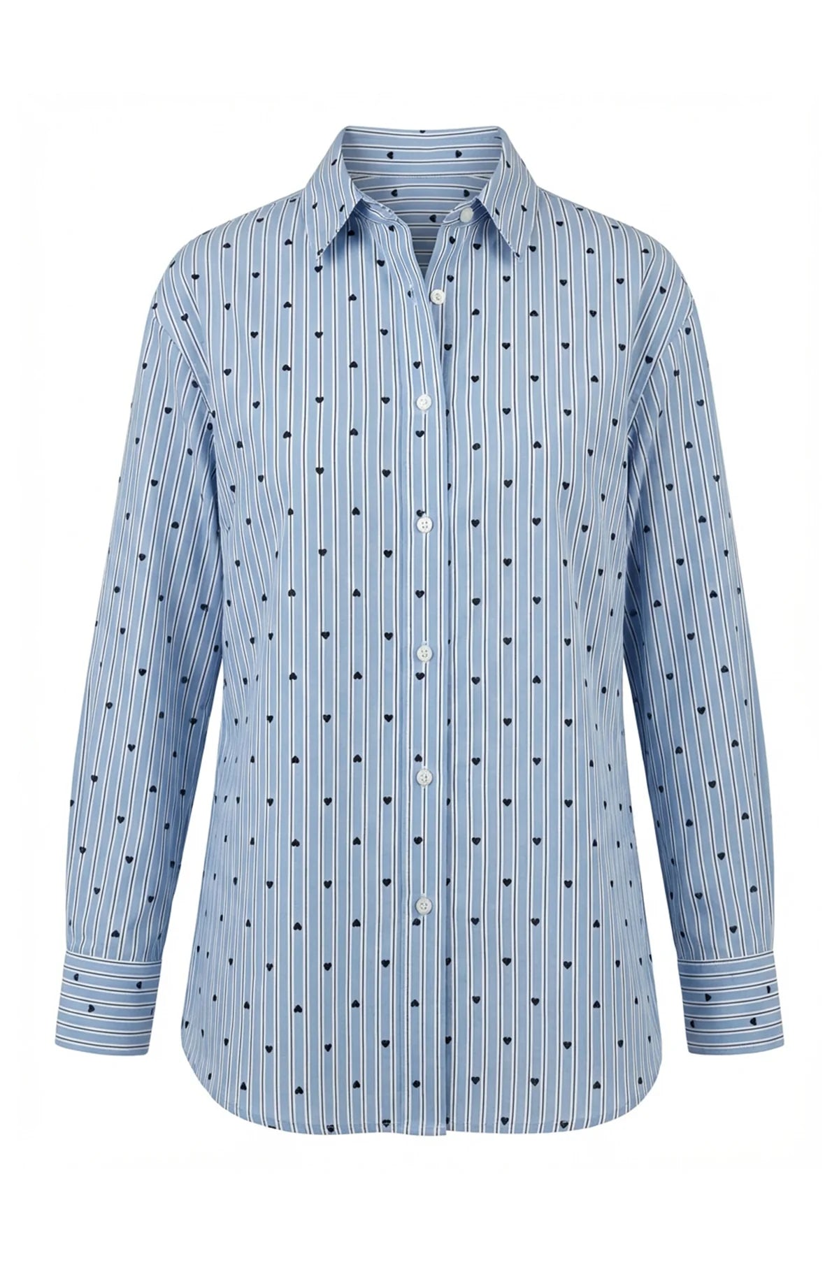 Le Superbe Prep boyfriend-style button-up shirt featuring blue and white stripes with scattered heart pattern.