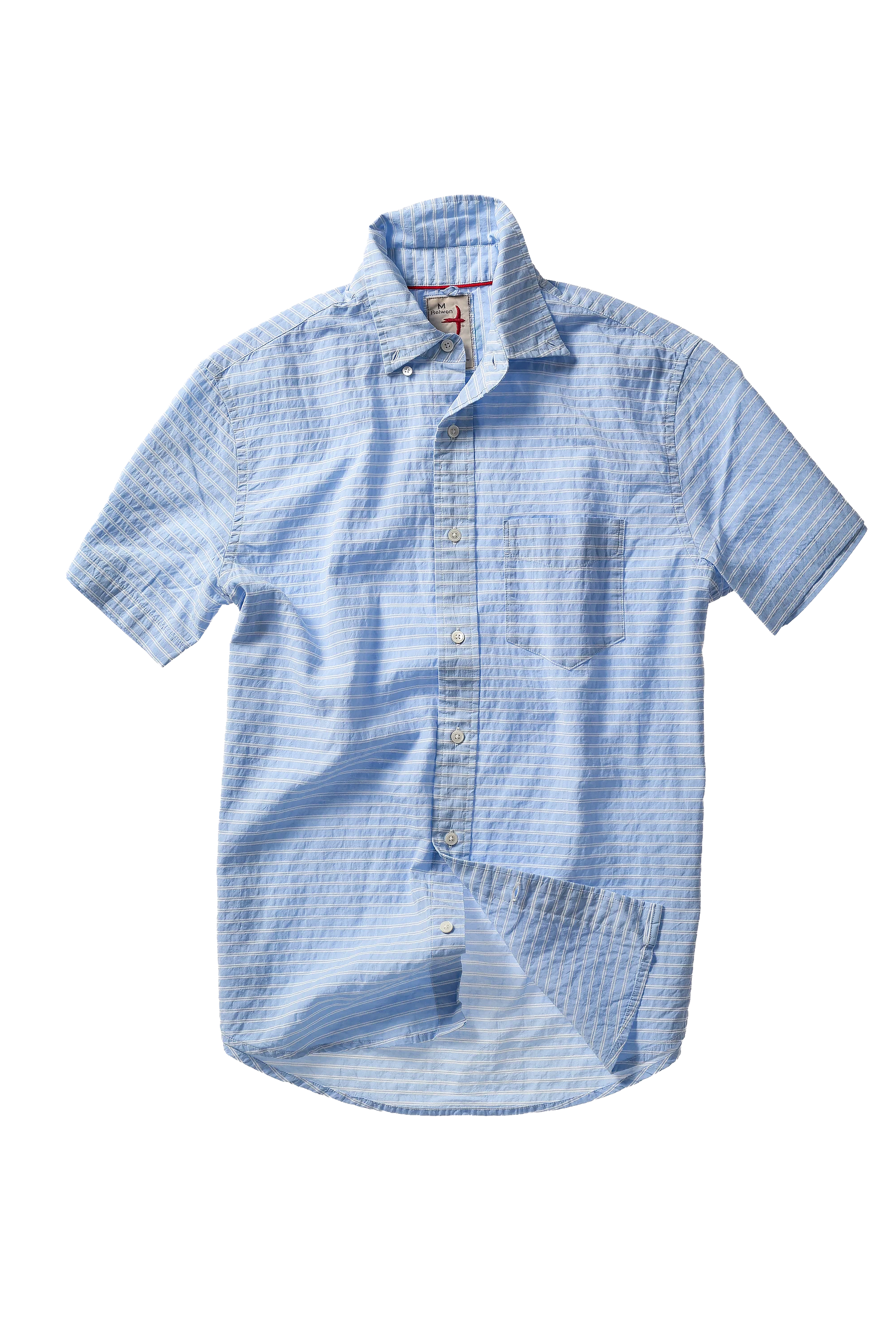 Relwen short-sleeve button-up shirt in light blue with horizontal stripe pattern and collar detail.