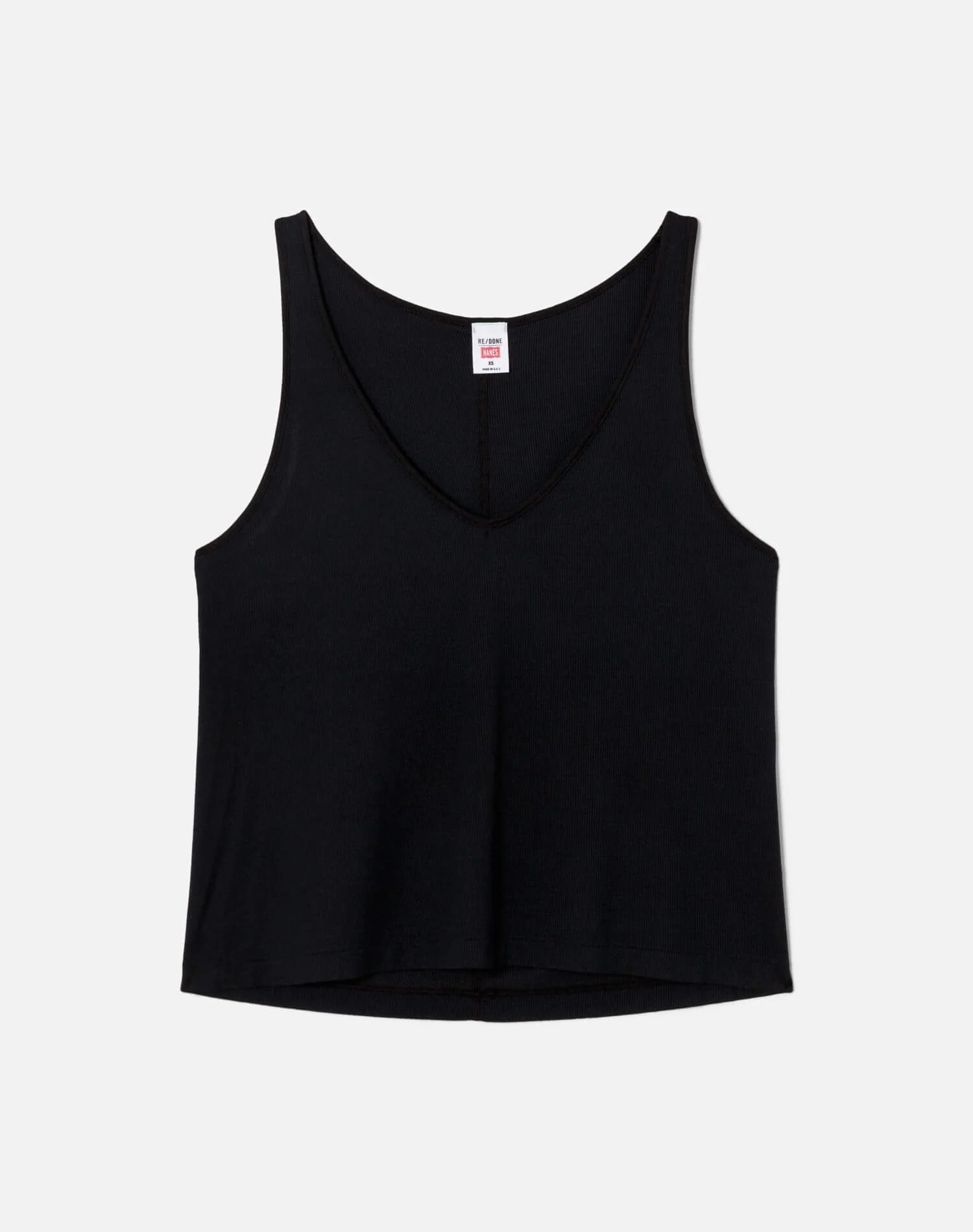 Re/Done black ribbed tank top with deep V-neck and sleeveless design on white background