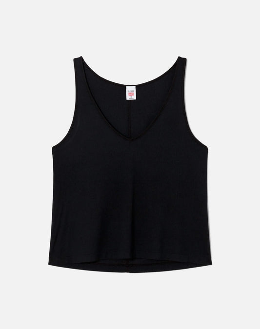 Re/Done black ribbed tank top with deep V-neck and sleeveless design on white background