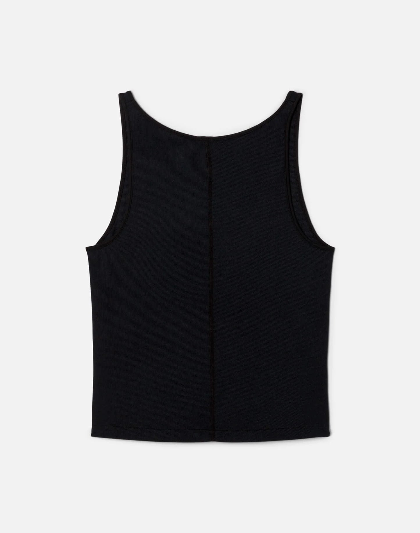 Re/Done black slim-fit sleeveless tank top with v-neckline displayed flat against light background