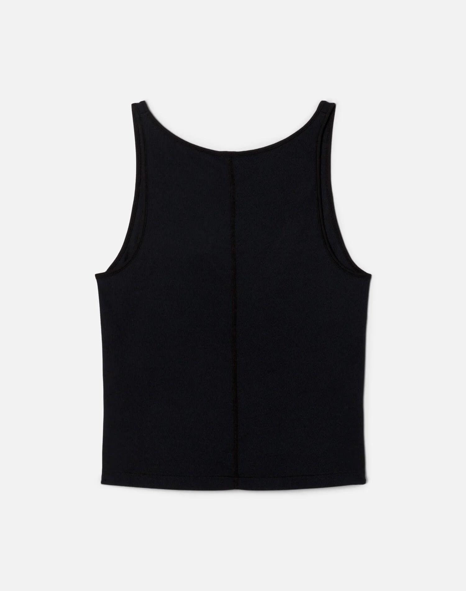 Re/Done black slim-fit sleeveless tank top with v-neckline displayed flat against light background