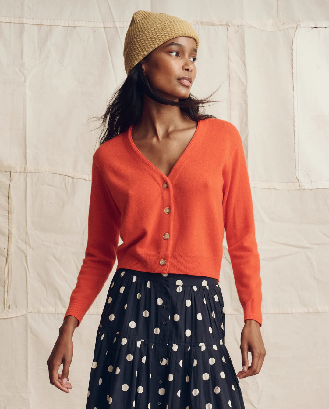 The GREAT The Cashmere Tiny V Neck Cardigan Hot Orange