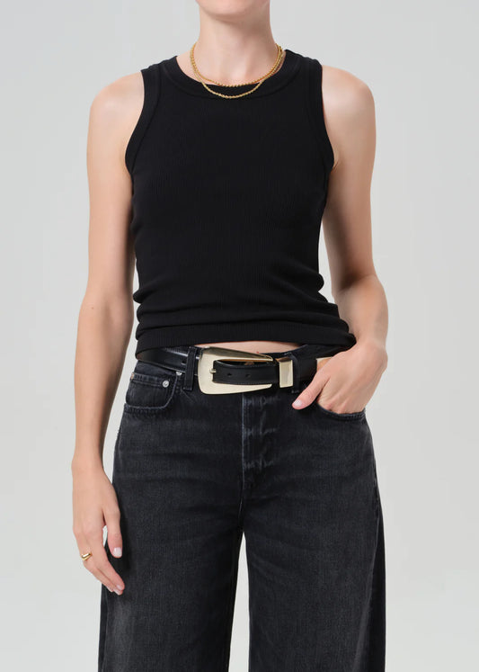 Citizens of Humanity Isabel black ribbed sleeveless tank top worn with dark jeans and gold jewelry