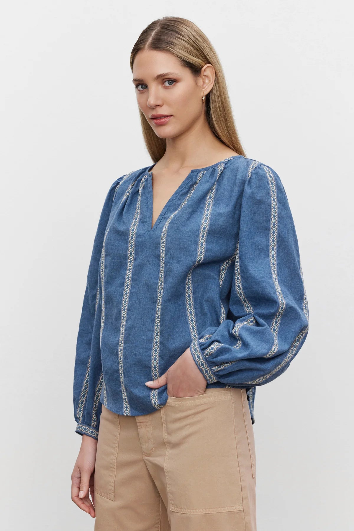 Velvet Raylee LS Jacquard Stripe Blouse Blue