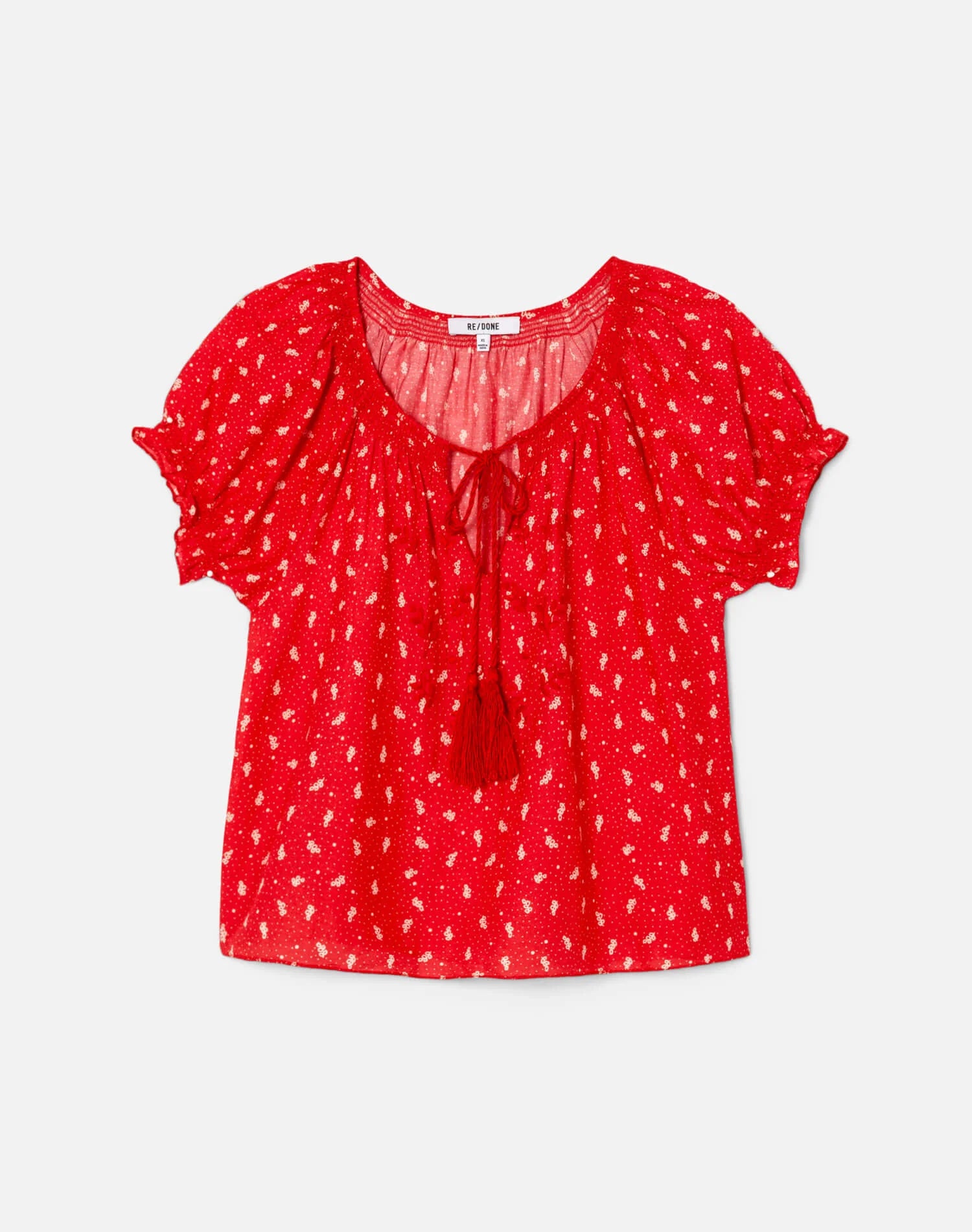 Red floral embroidered peasant blouse with ruffled short sleeves and tie-front neckline from Re/Done.