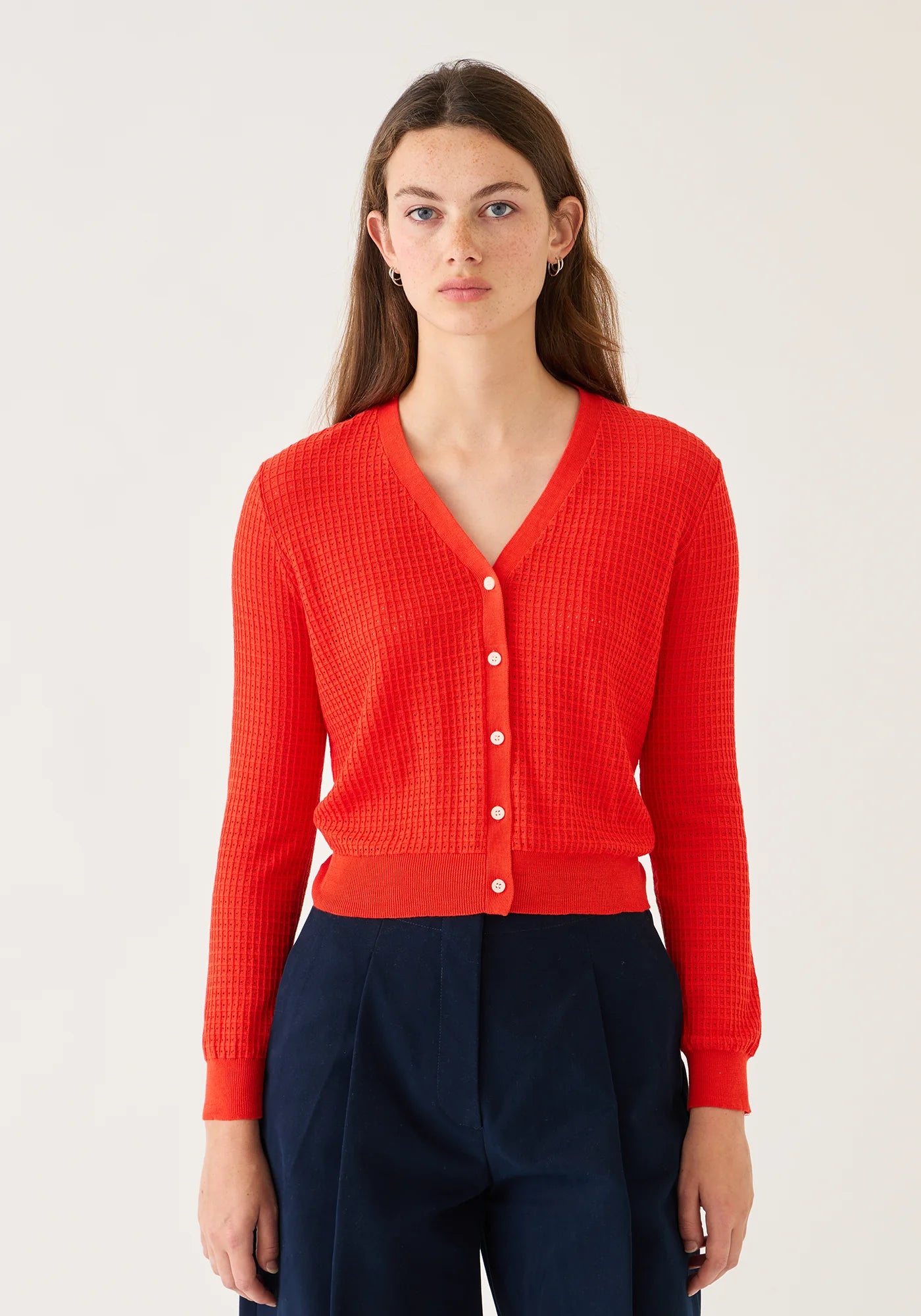Demylee Kiki Waffle Pointelle Cotton Cardigan Poppy