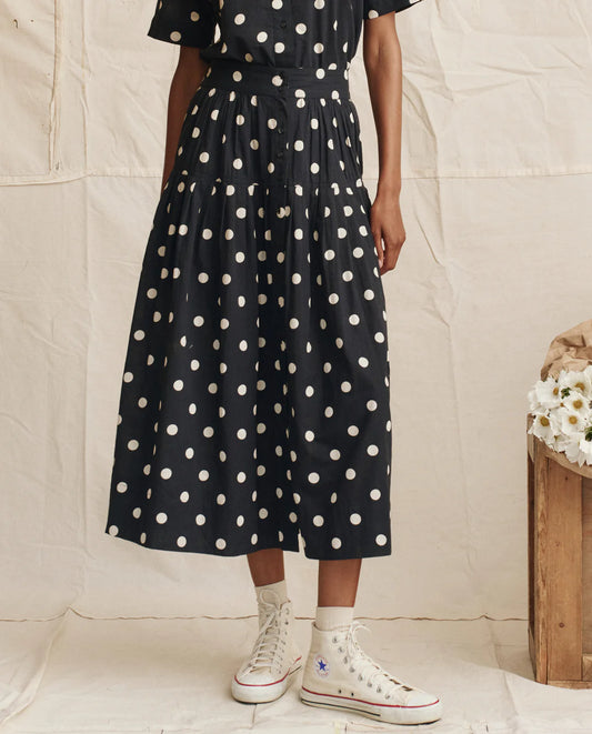The GREAT The Highland Skirt Navy w/ Cream Polka Dots