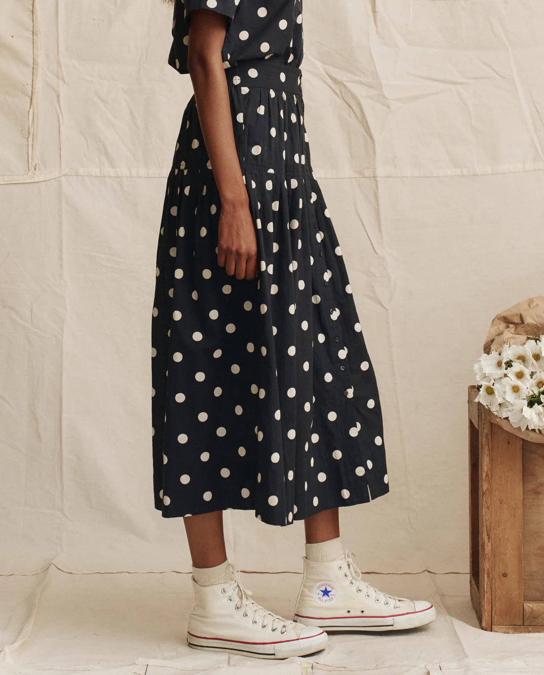 The GREAT The Highland Skirt Navy w/ Cream Polka Dots