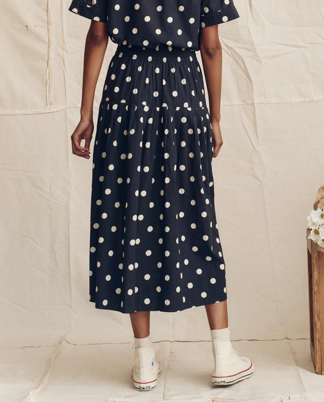 The GREAT The Highland Skirt Navy w/ Cream Polka Dots