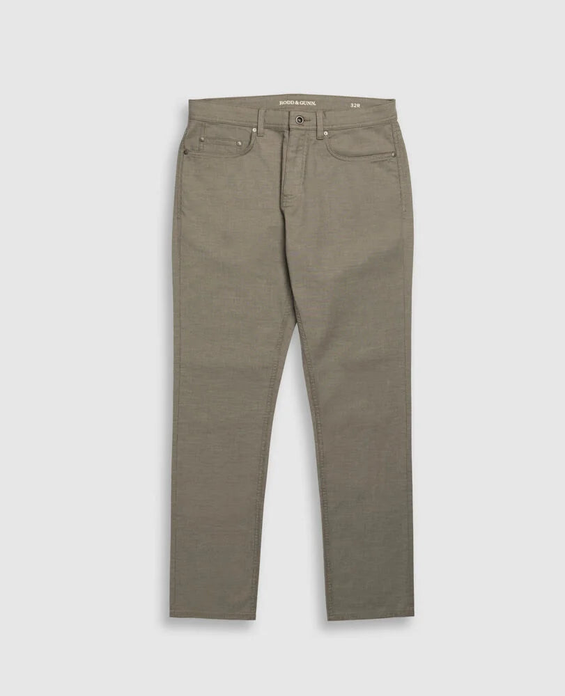 Rodd & Gunn men's five-pocket pants in olive green with classic straight leg styling and button closure.