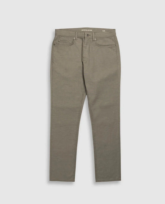 Rodd & Gunn men's five-pocket pants in olive green with classic straight leg styling and button closure.