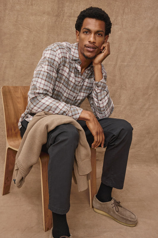 Rails Lennox long sleeve plaid shirt in charcoal autumn melange worn by seated male model