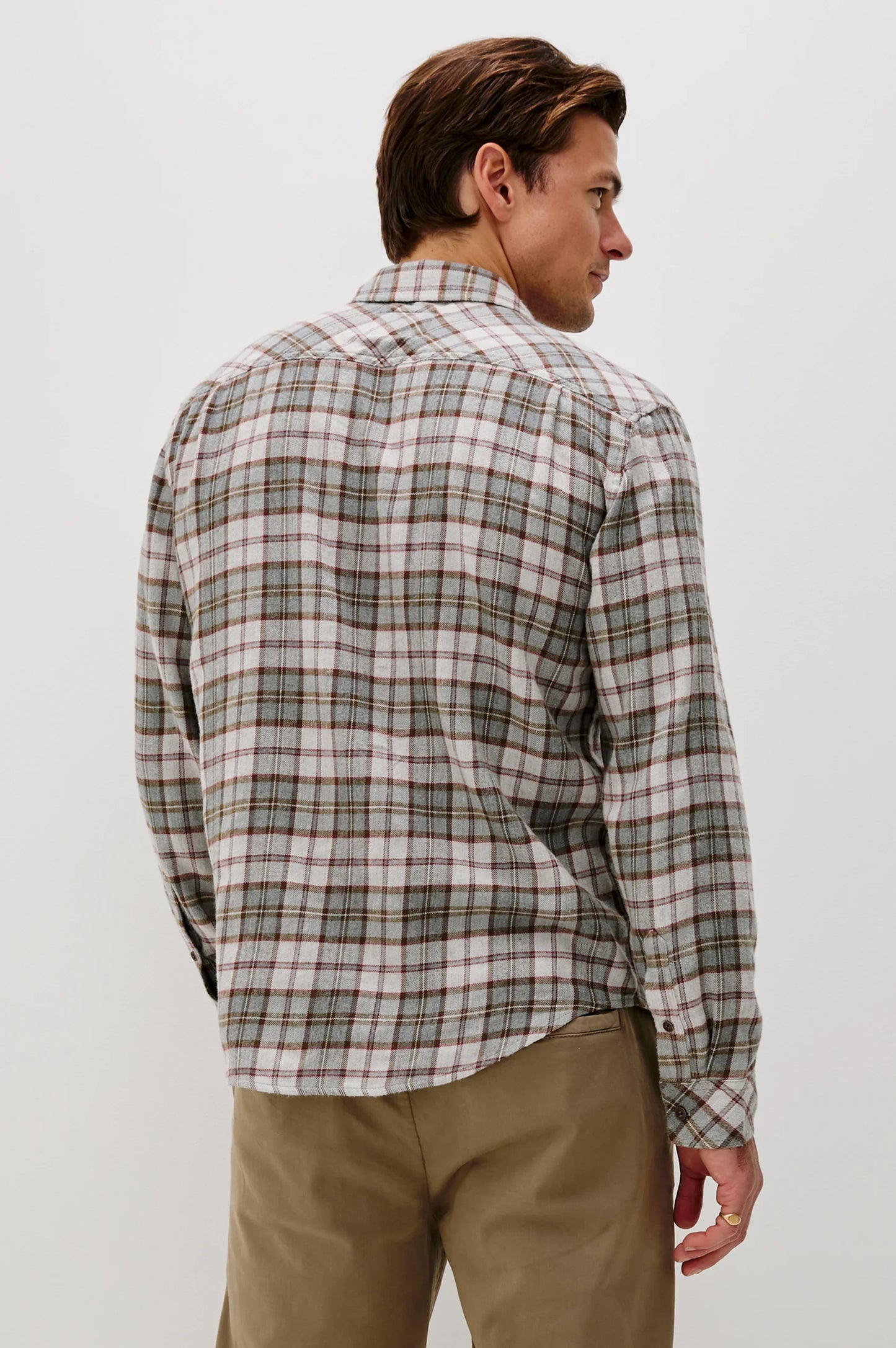 Rails Lennox long sleeve plaid shirt in charcoal autumn melange, shown from behind on male model.