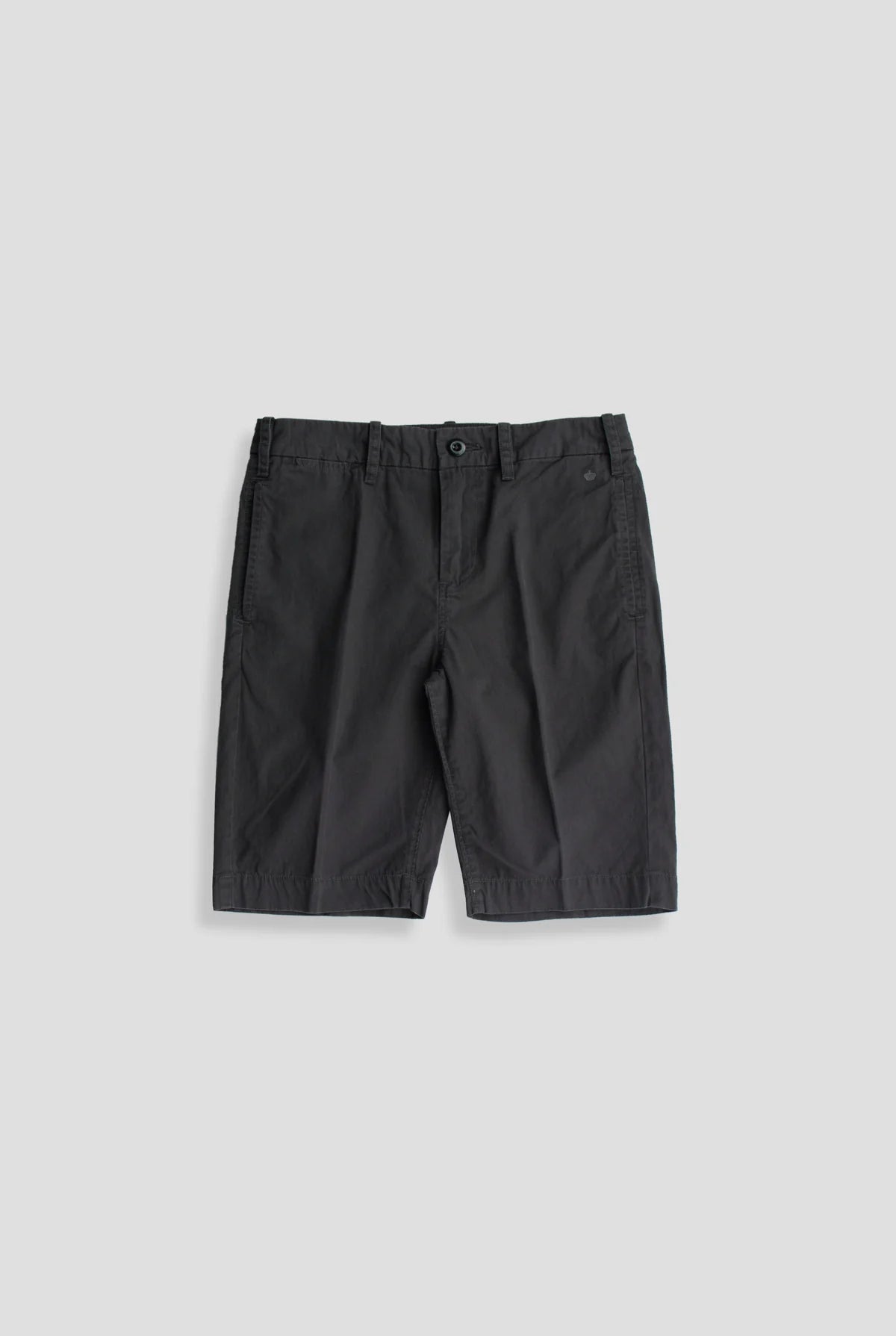 G1 Long charcoal gray chino shorts with button closure and front pockets laid flat on white background.