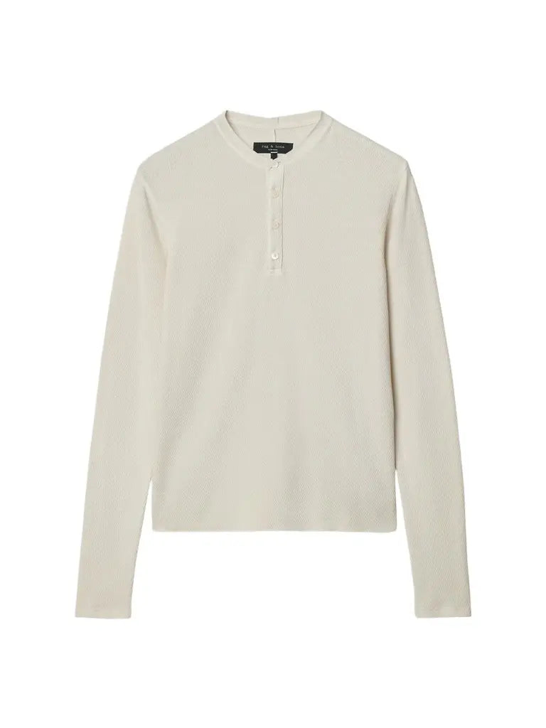 Rag & Bone long-sleeve chalk henley top with textured knit and button placket