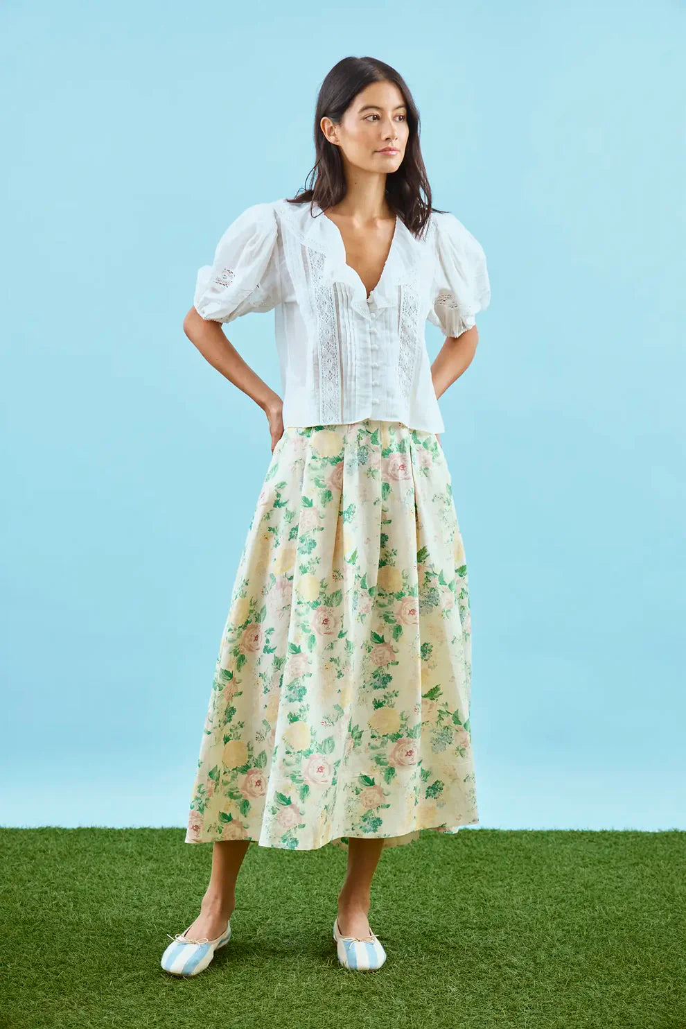 Hunter Bell Mare white lace-detailed puff sleeve blouse with V-neck and button-front styling