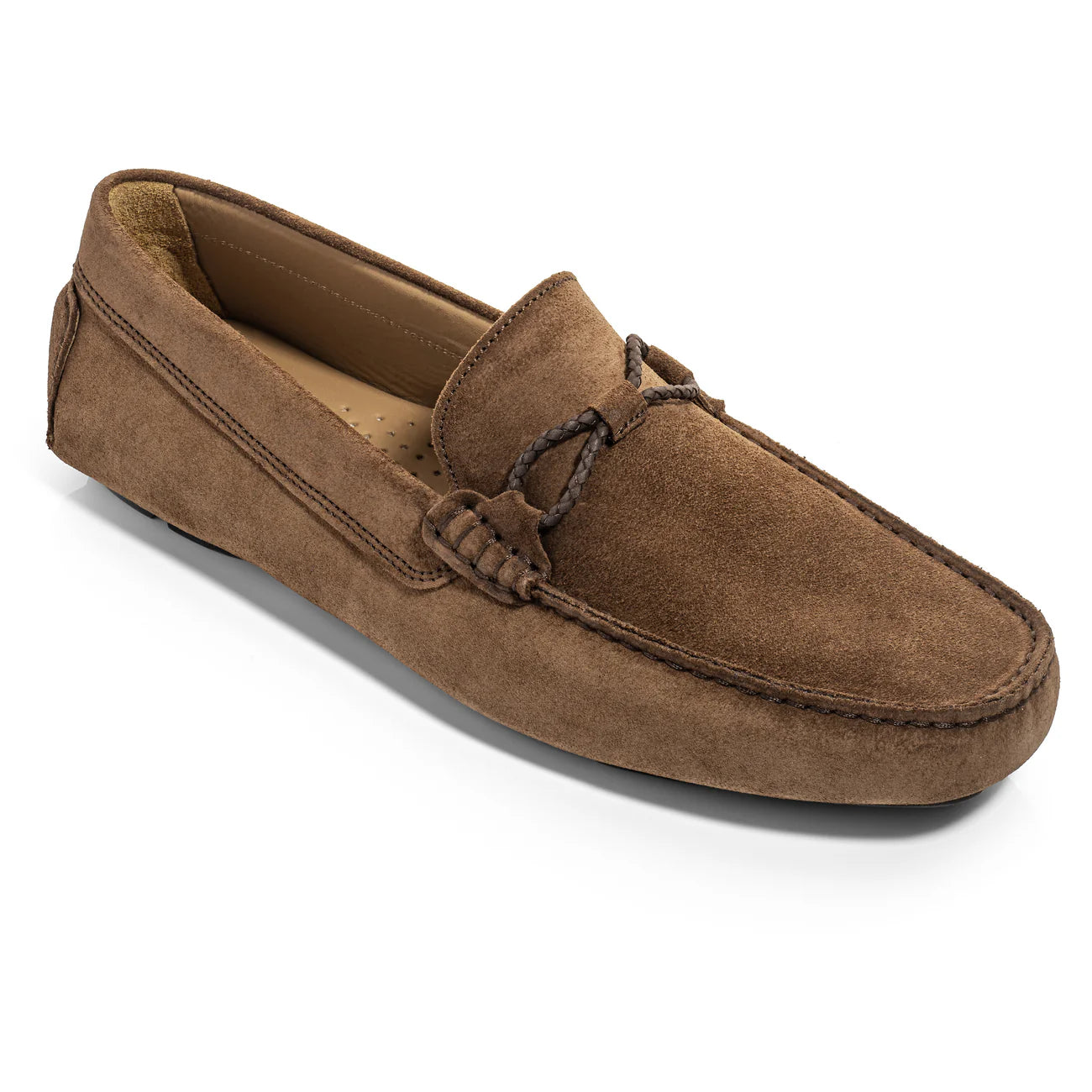To Boot Marlin brown suede driving loafer with braided leather tie detail and moccasin stitching