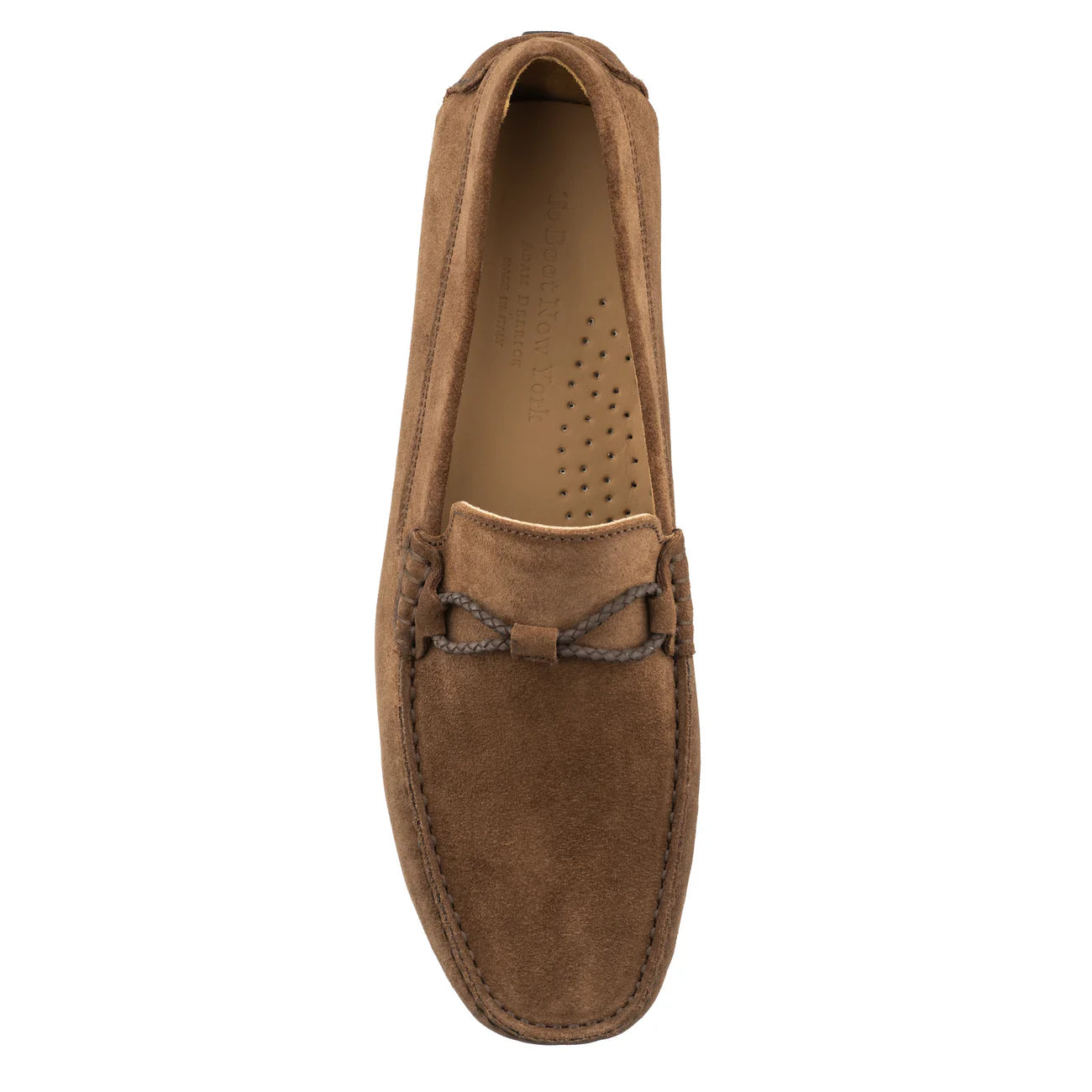 To Boot Marlin suede driving loafer in chocolate brown with braided leather trim and perforated insole
