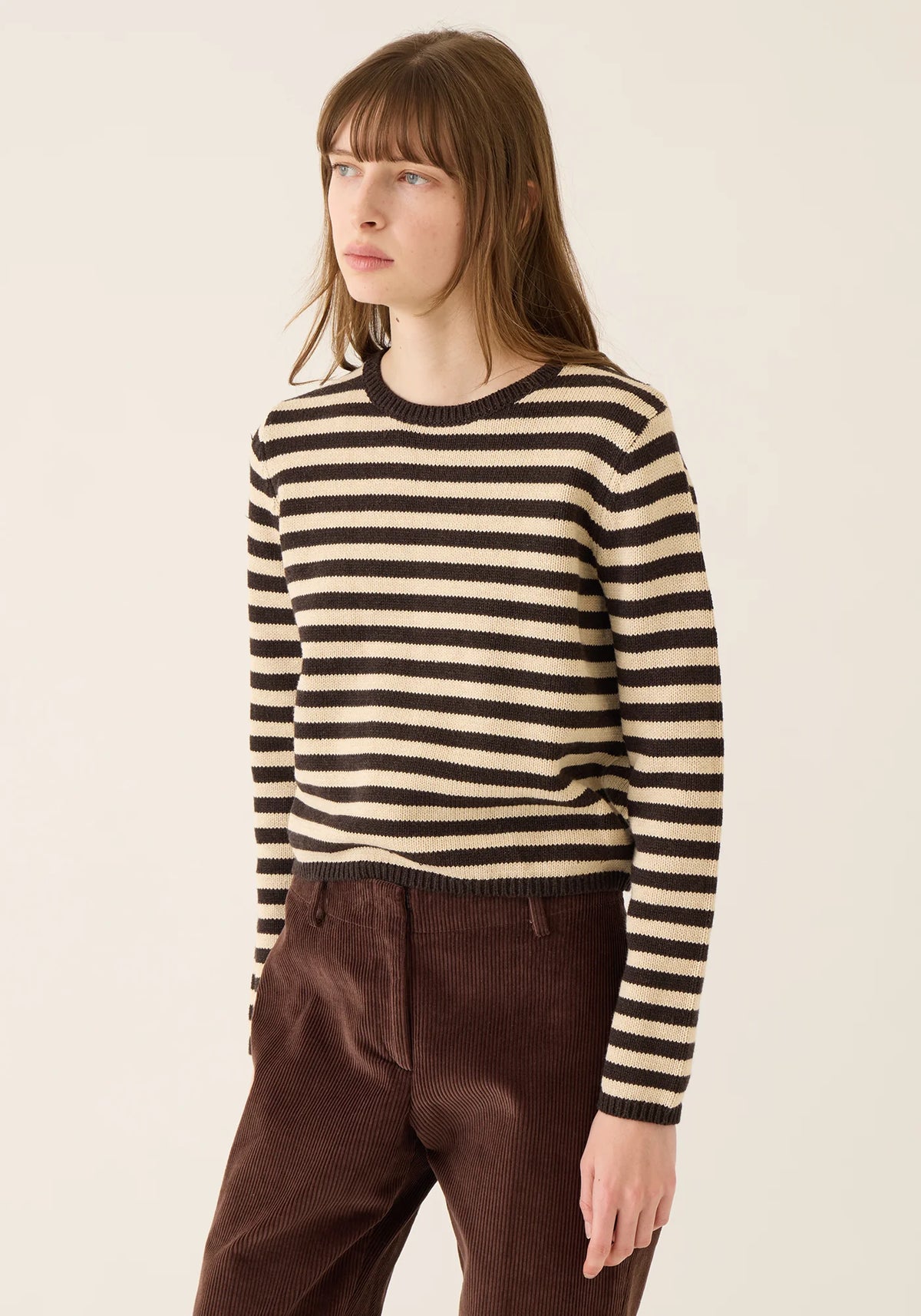Demylee Melina Stripe Cotton Cashmere Sweater Espresso/Oatmeal