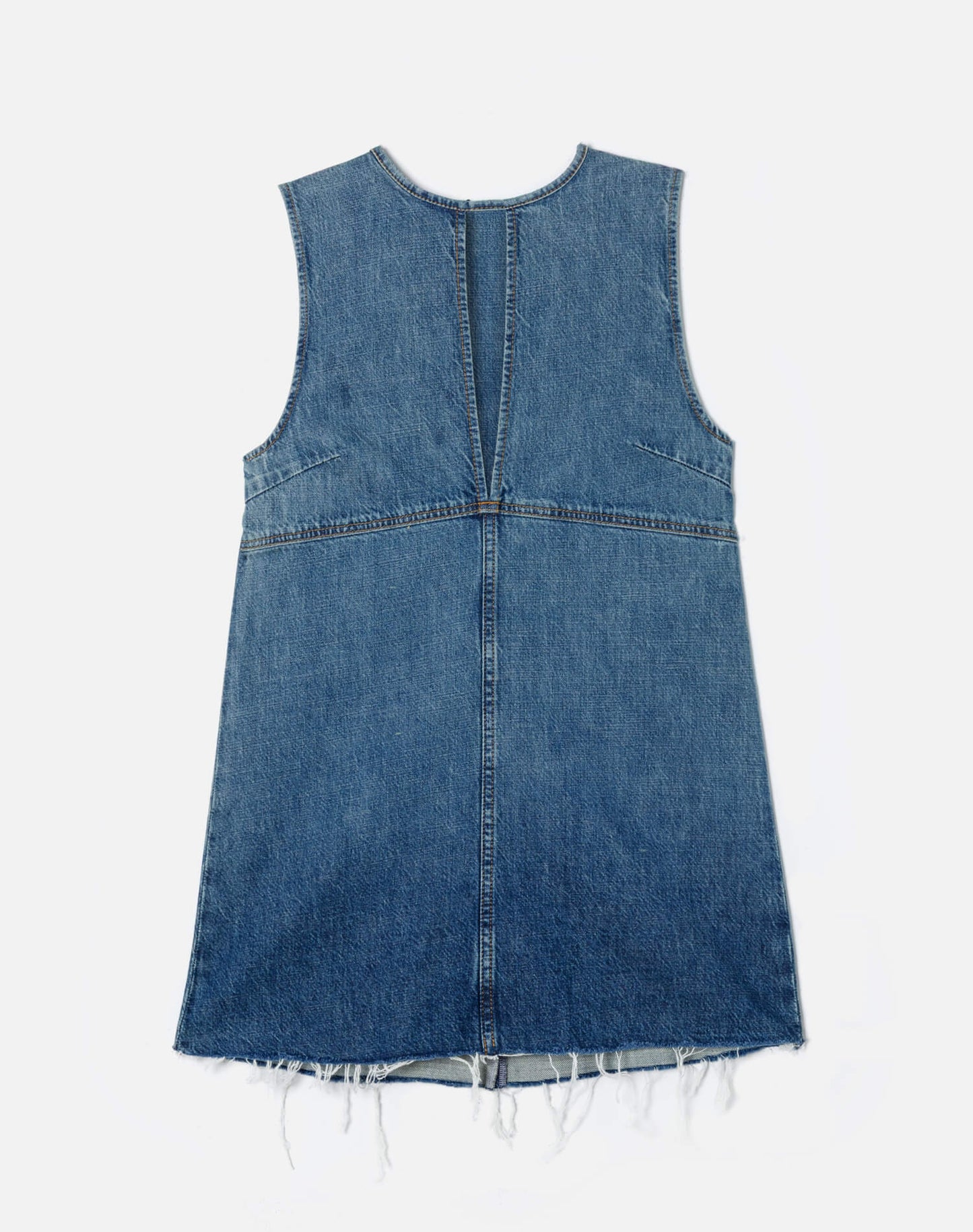 Re/Done sleeveless denim dress with raw hem detailing and visible seam construction in medium wash blue