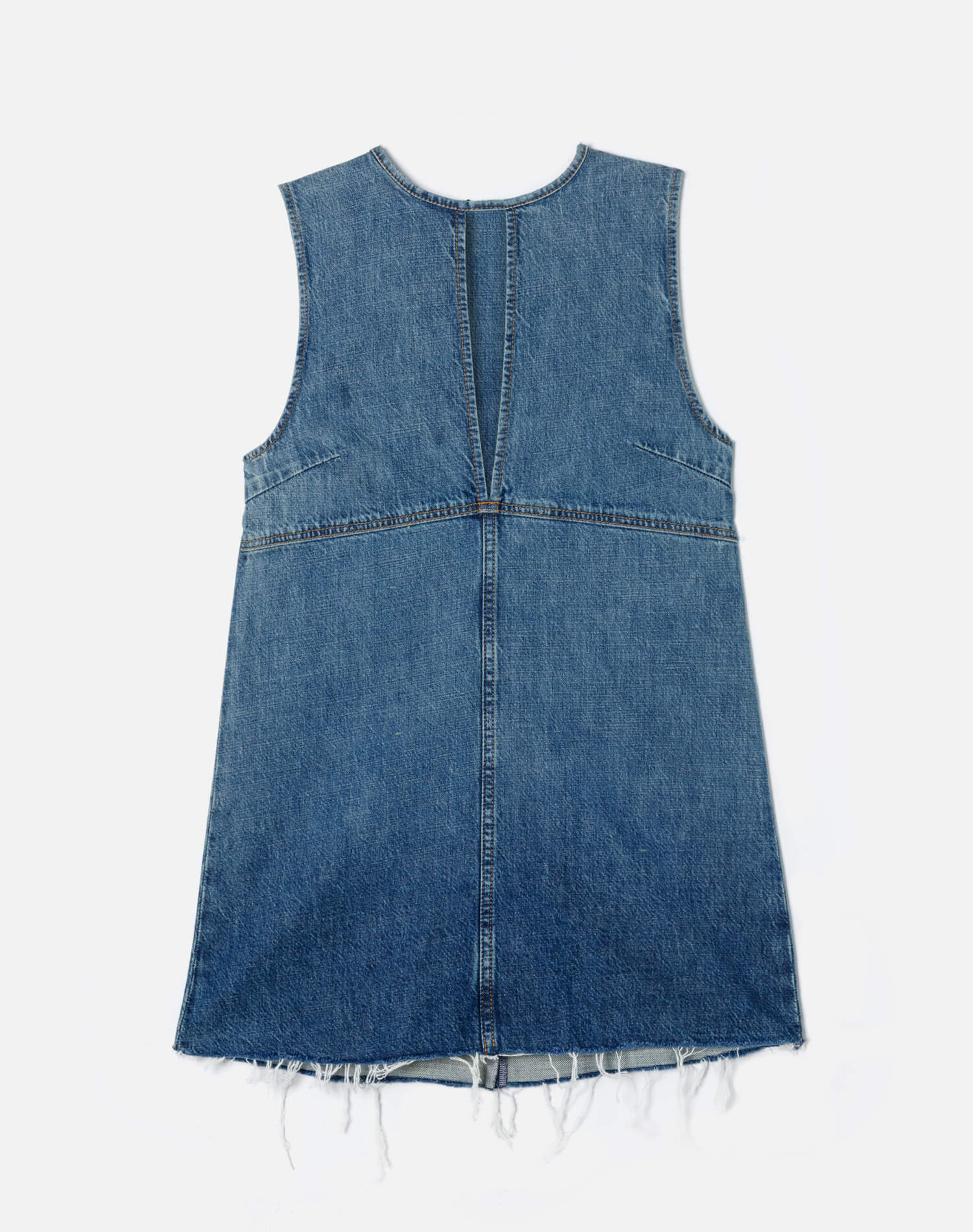 Re/Done sleeveless denim dress with raw hem detailing and visible seam construction in medium wash blue