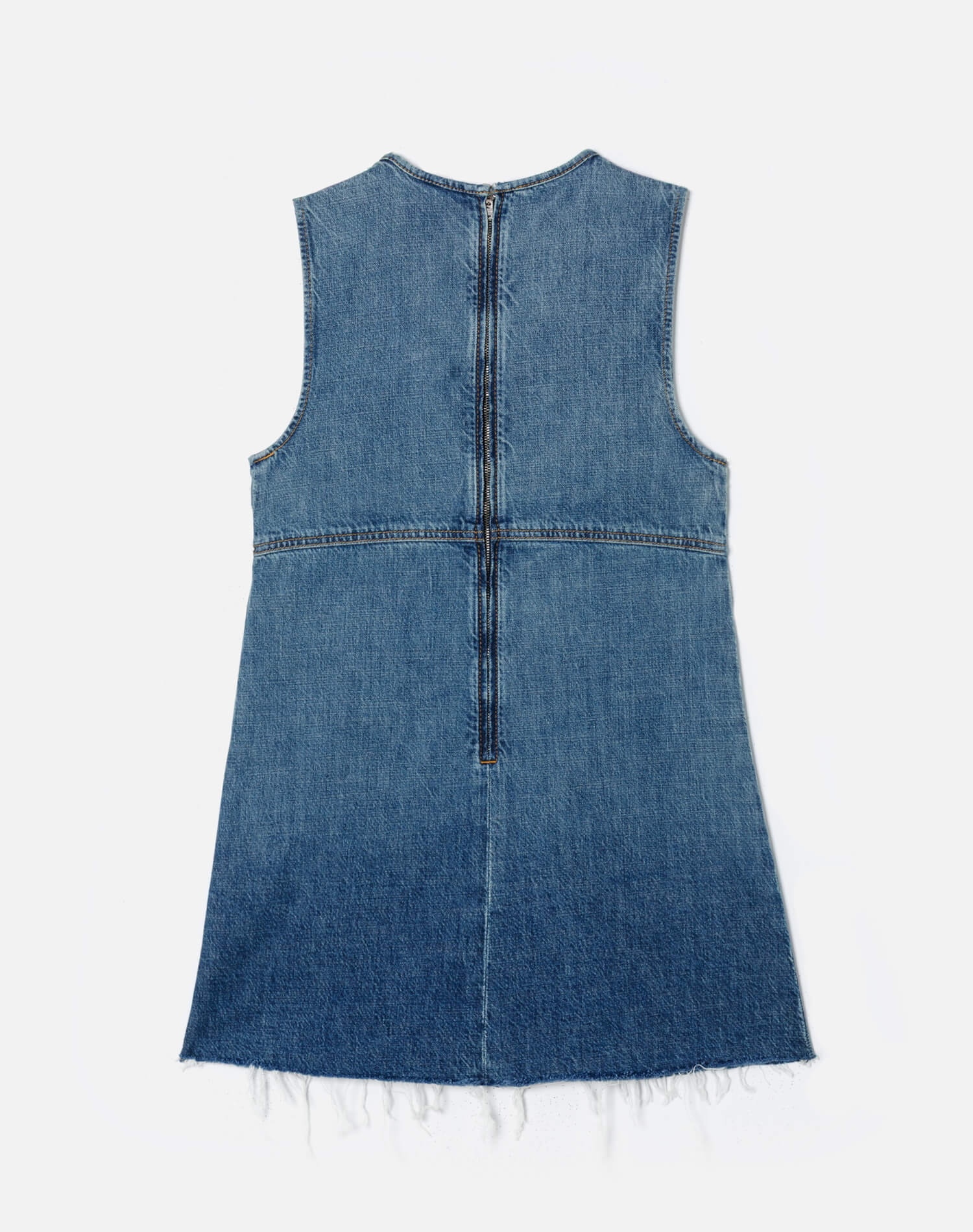 Re/Done sleeveless denim dress with zipper back closure and white ruffle hem detail